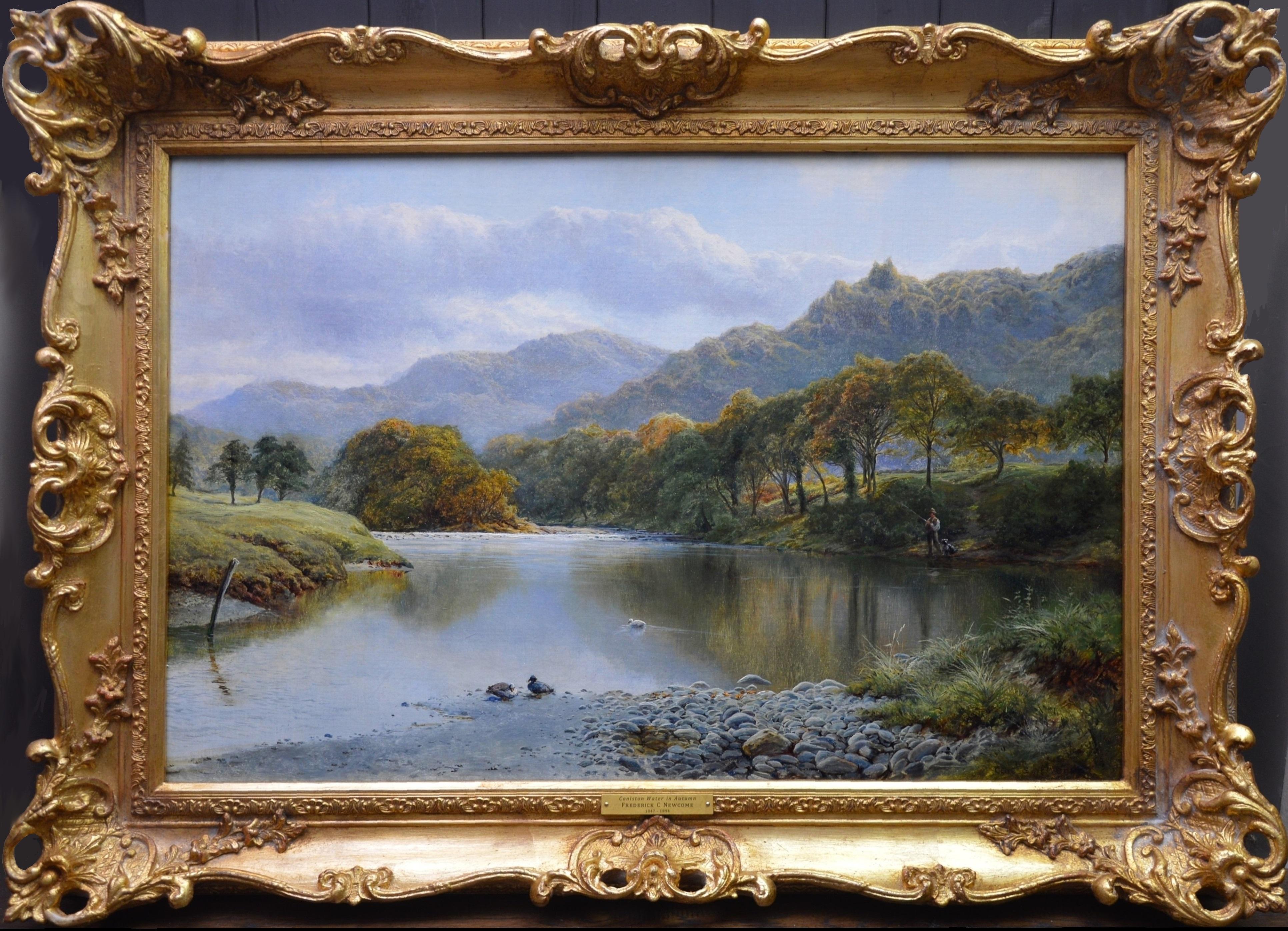 Frederick Clive Newcome Landscape Painting - Coniston Water, Autumn - 19th Century Landscape Oil Painting of Angling Scene