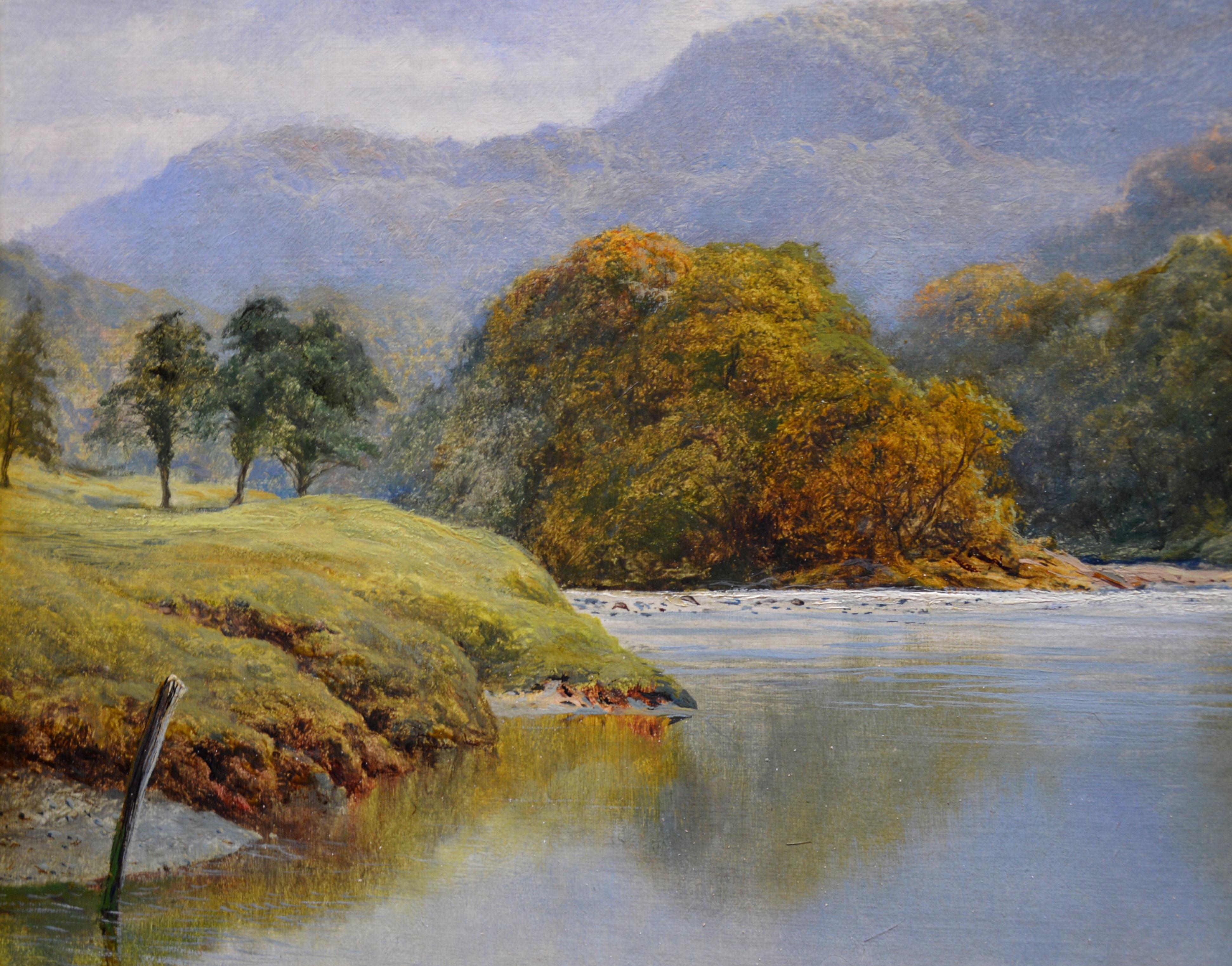 Coniston Water, Autumn - 19th Century Landscape Oil Painting of Angling Scene - Gray Landscape Painting by Frederick Clive Newcome