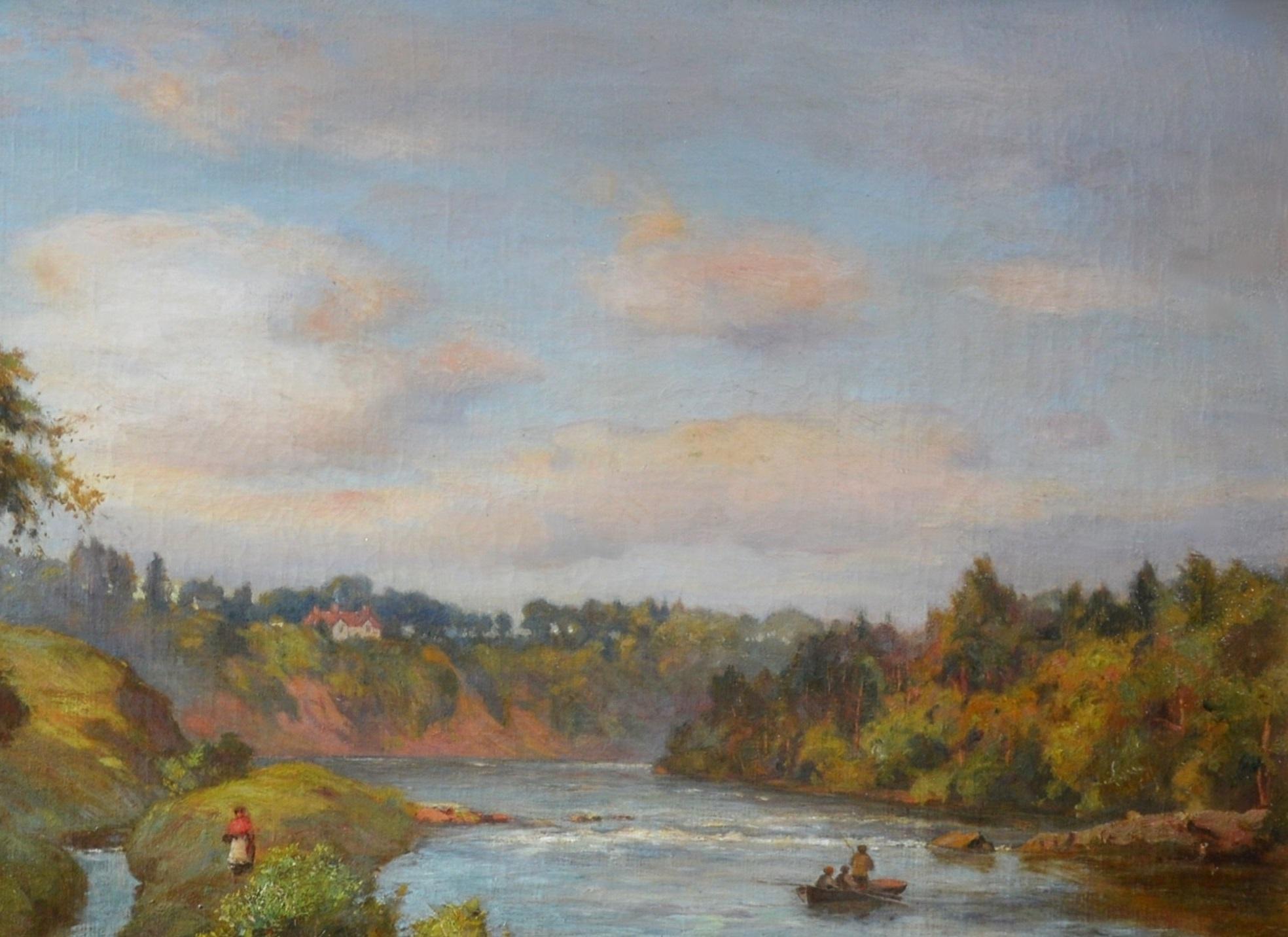 The River Tay near Stanley - 19th Century Scottish Oil Painting - Brown Figurative Painting by James Kinnear