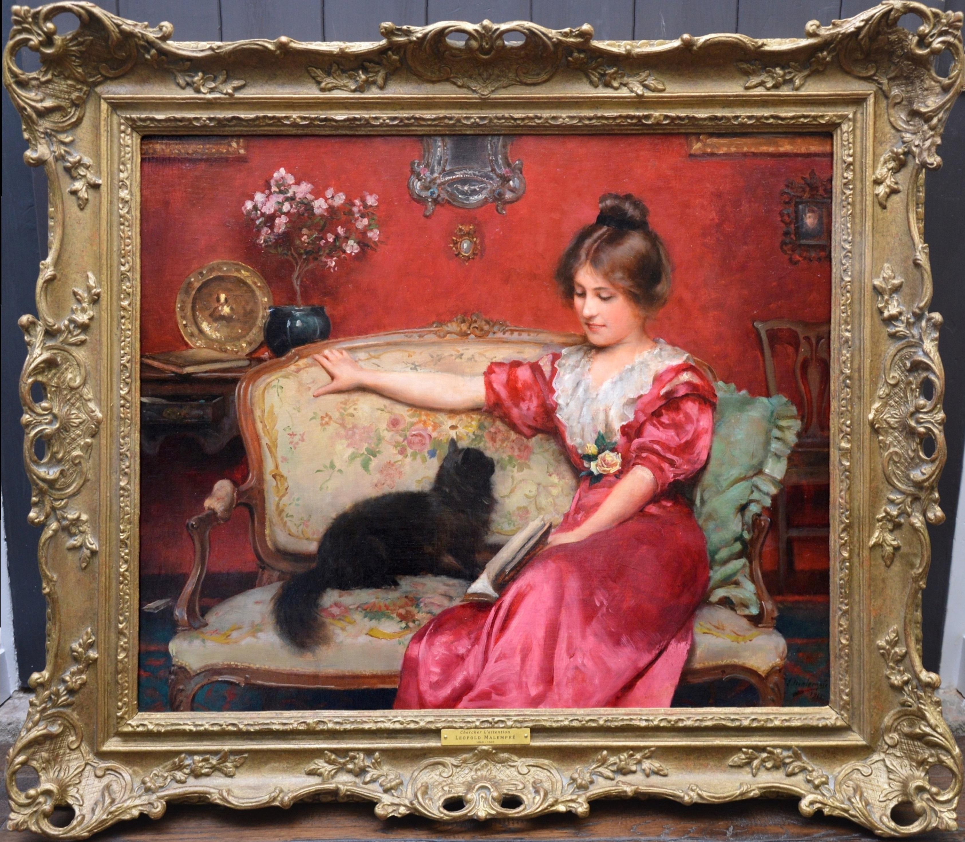 Leopold Malempre Animal Painting - Chercher L
attention - Belle Epoque Oil Painting of Parisian Beauty 
Black Cat
