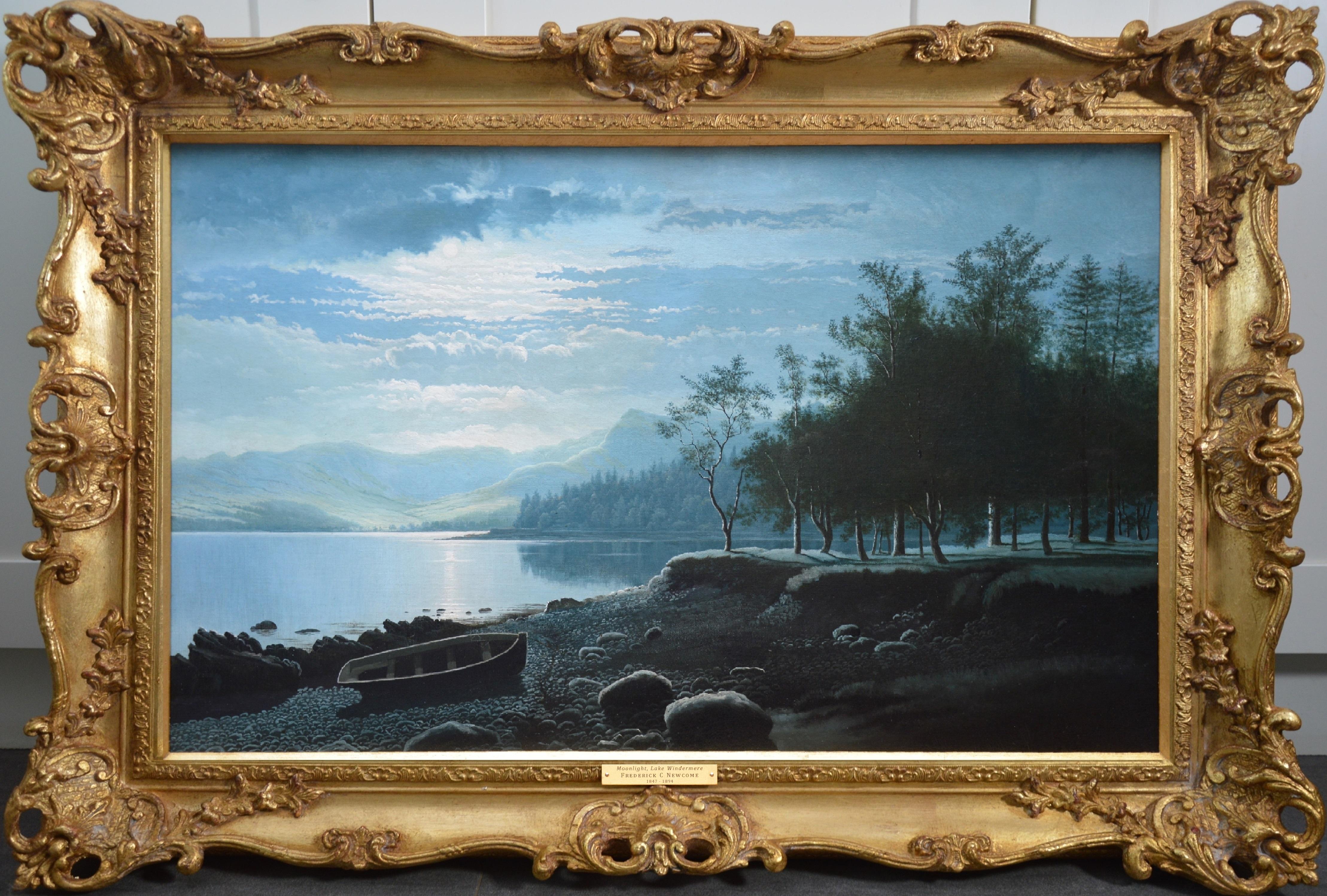Frederick Clive Newcome  Landscape Painting - Moonlight, Lake Windermere - 19th Century Landscape Nocturne Oil Painting 