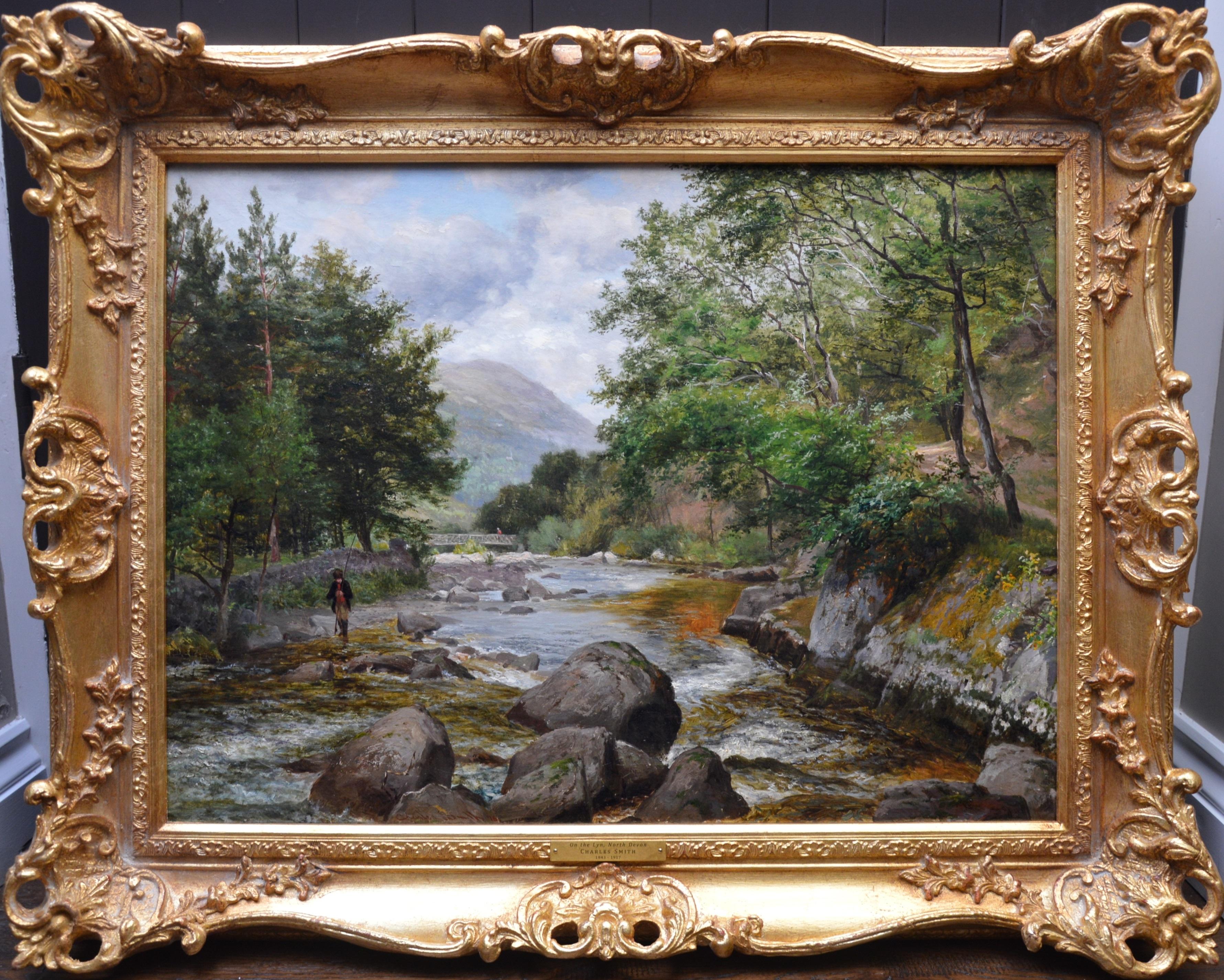 Charles Smith  Figurative Painting - On the Lyn, North Devon - 19th Century River Fishing Landscape Oil Painting