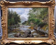 On the Lyn, North Devon - 19th Century River Fishing Landscape Oil Painting 