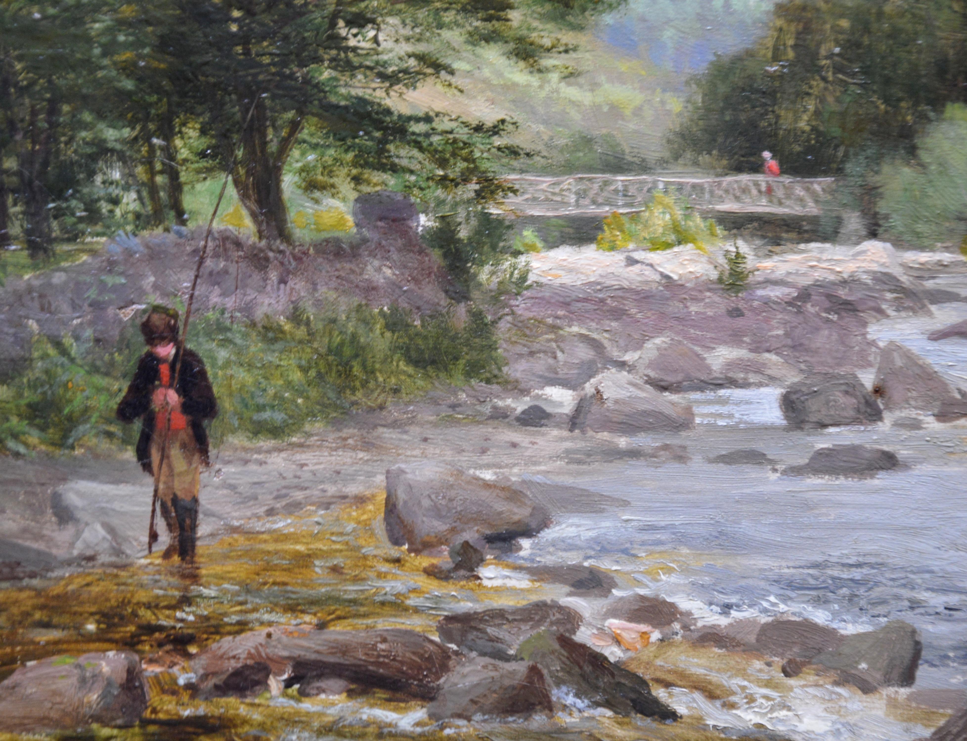 On the Lyn, North Devon - 19th Century River Fishing Landscape Oil Painting - Brown Figurative Painting by Charles Smith 