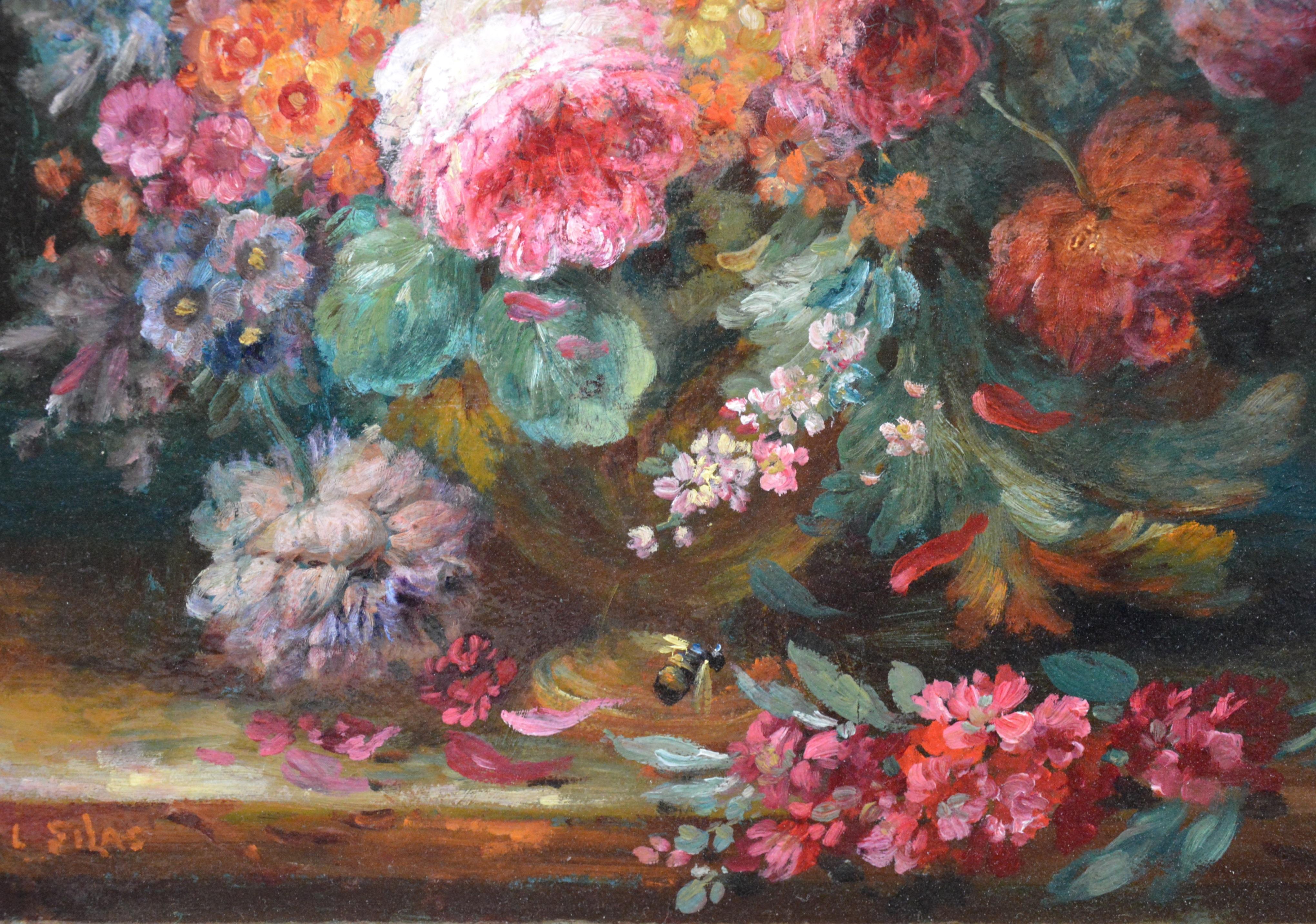 ‘A Summer Arrangement’ by Louis Silas (1860-1937). The painting is signed by the artist and hands in a fine quality gold metal leaf frame. 

As with all of the original antique oil paintings we sell it is offered in excellent condition, having just
