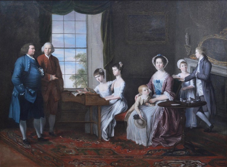 An 18th century English conversation piece depicting ‘The Hopkins Family’ from the circle of Johann Zoffany R.A. 1735-1810. This large Old Master oil painting has documented provenance going back 245 years. The painting features in the artist’s