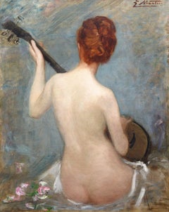 The Lute Player - 19th Century French Impressionist Nude Portrait Oil Painting