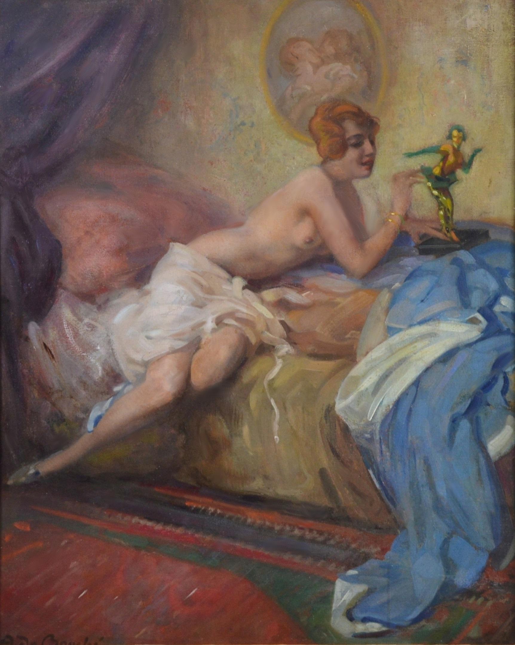 Colombina - Large Impressionist Belle Epoque Oil painting of Semi Nude Girl  - Painting by Arnulf de Bouche