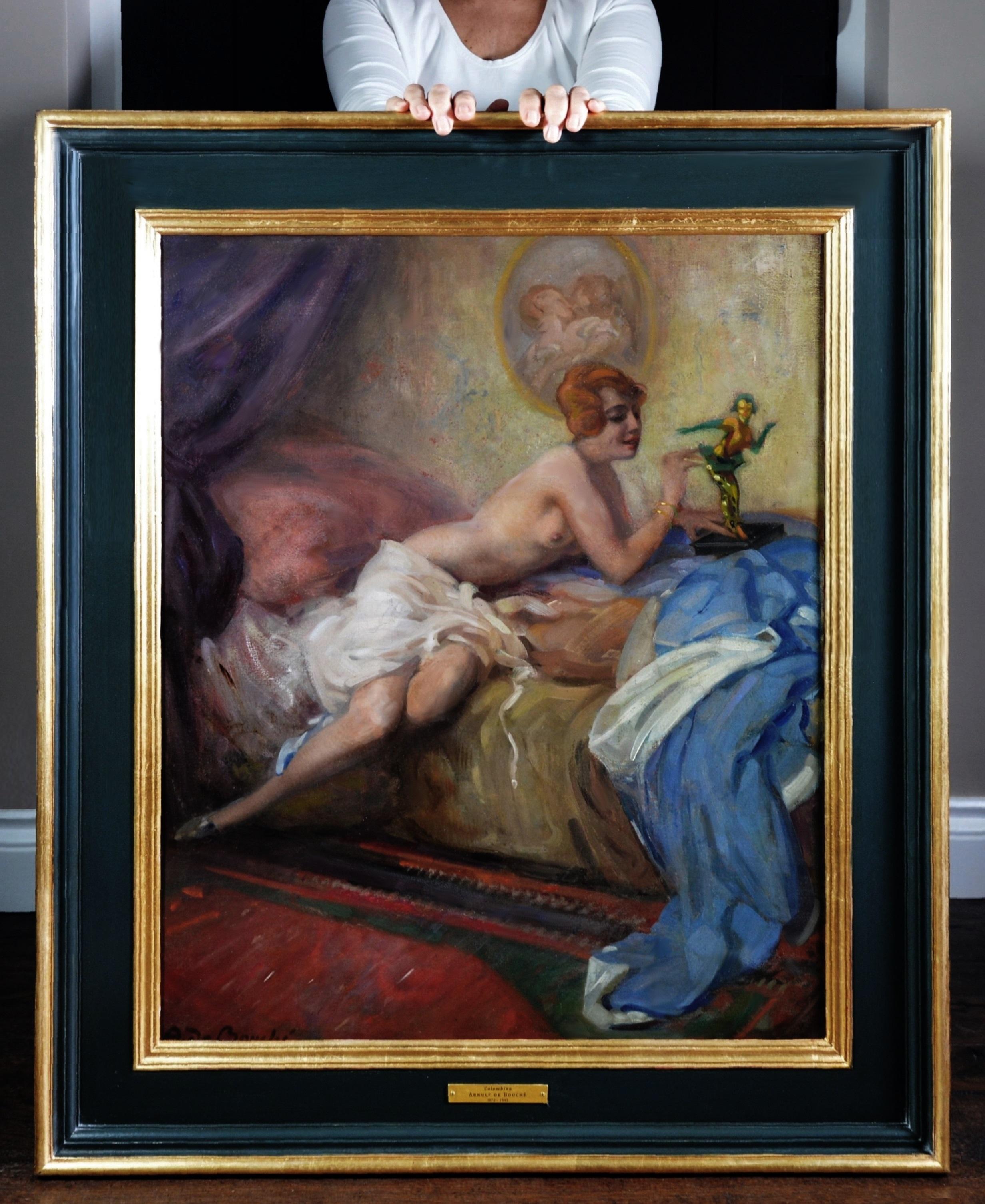 Arnulf de Bouche Nude Painting - Colombina - Large Impressionist Belle Epoque Oil painting of Semi Nude Girl 