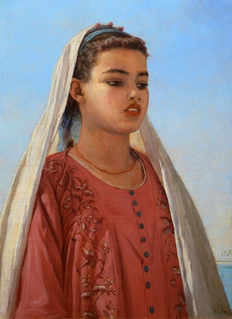 Almeh on the Nile - Orientalist Oil Painting of Egypt Beauty Royal Academy 1910  - Brown Portrait Painting by Walter Charles Horsley 