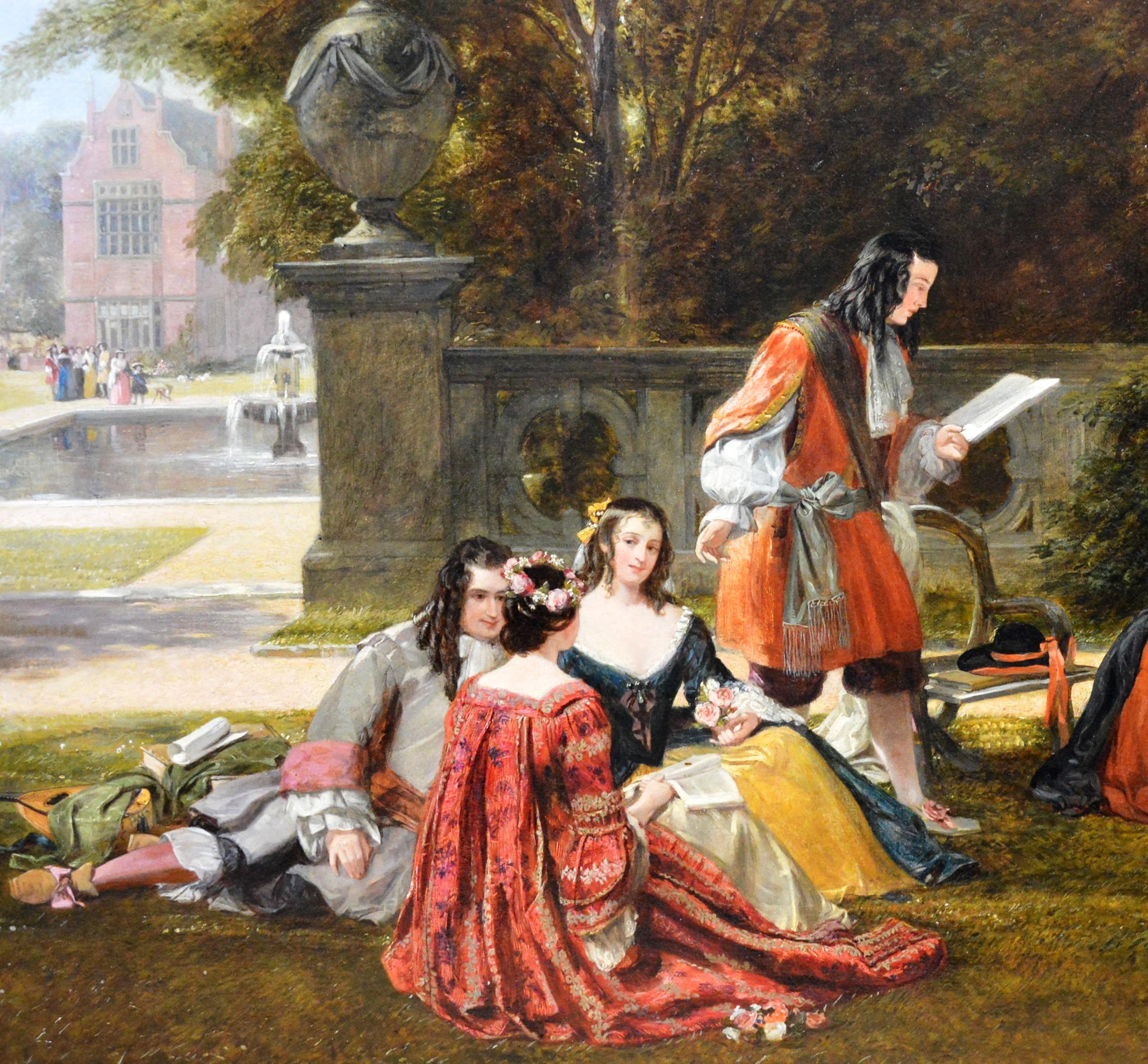 ‘Summer Hill, time of Charles II’ by James Digman Wingfield (1800-1872). This very large 19th century oil on canvas depicts the royal court of King Charles II in the gardens of an English stately home is signed by the artist and dated 1855, in which