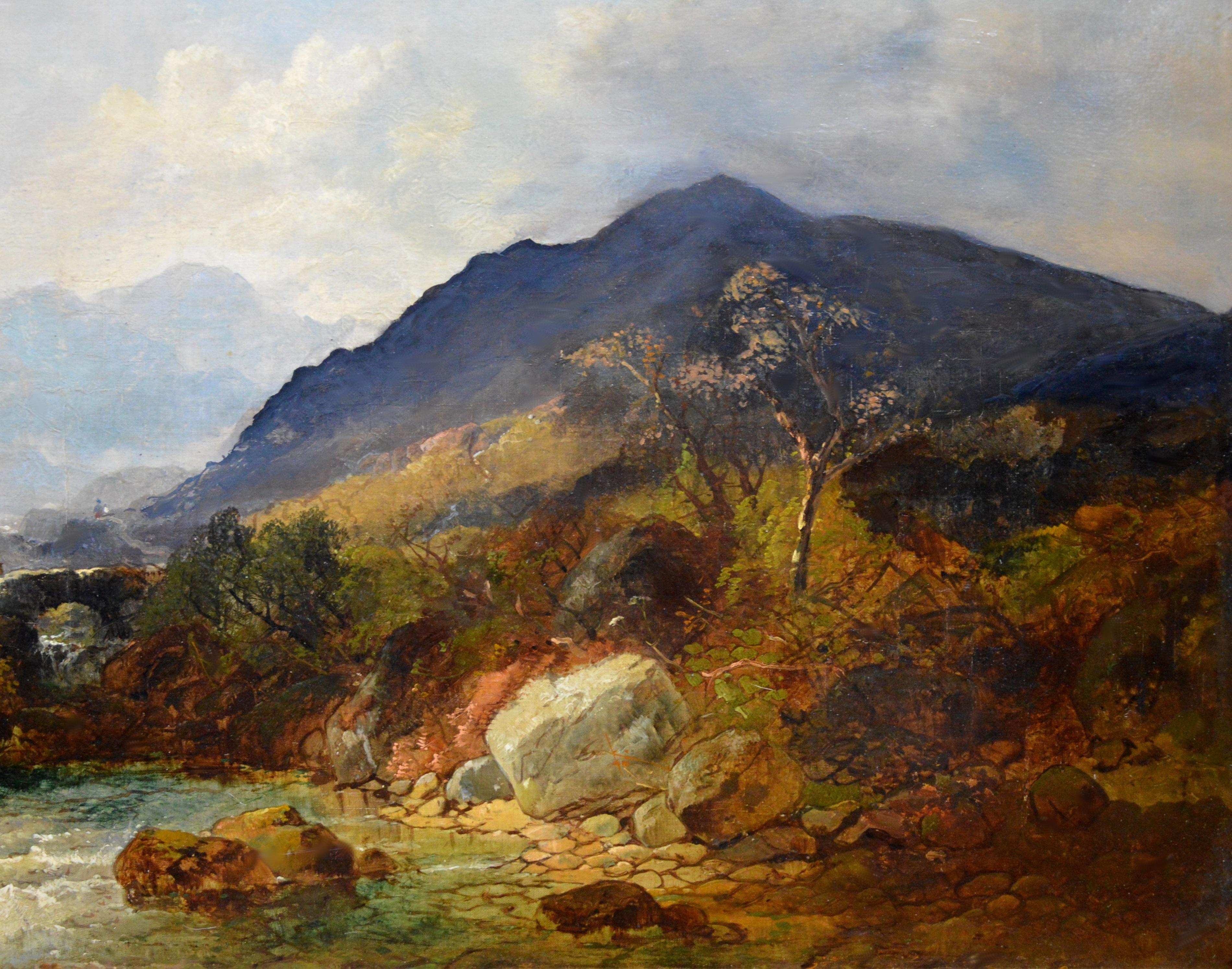 This is a very large fine 19th century oil on canvas depicting a figure herding cows across a stone bridge before the mountain of ‘Snowdon, North Wales’ by the renowned Victorian landscape artist Joseph Horlor (1809-1887). The painting is signed by