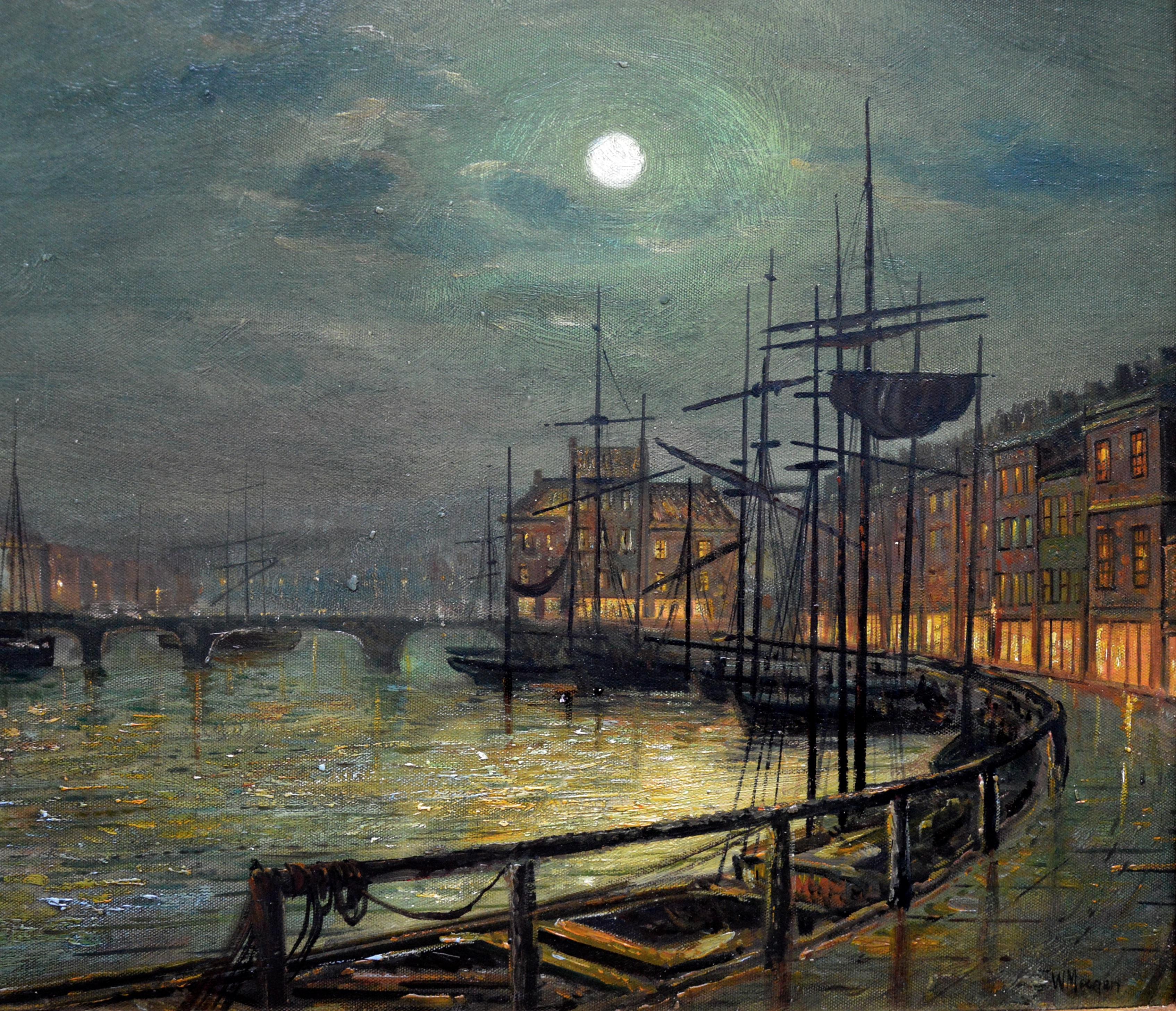 This is a fine late 19th century oil painting depicting ‘Whitby Harbour by Moonlight’ by the very popular British artist and former pupil of John Atkinson Grimshaw, Walter Linsley Meegan (1859-1944). The painting is signed by the artist and sold in
