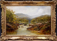 Fishing in the Highlands - 19th Century Oil Painting Angling on Scottish River