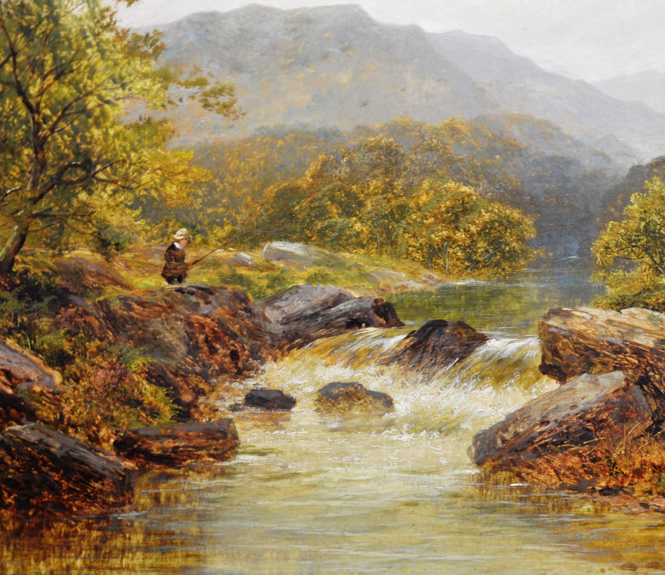 This is a fine large 19th century landscape oil painting depicting an angler ‘Fishing in the Highlands’ of Scotland by the listed British landscape painter Charles Leaver Shaw (1853-1932). The painting is signed by the artist and hangs in a newly