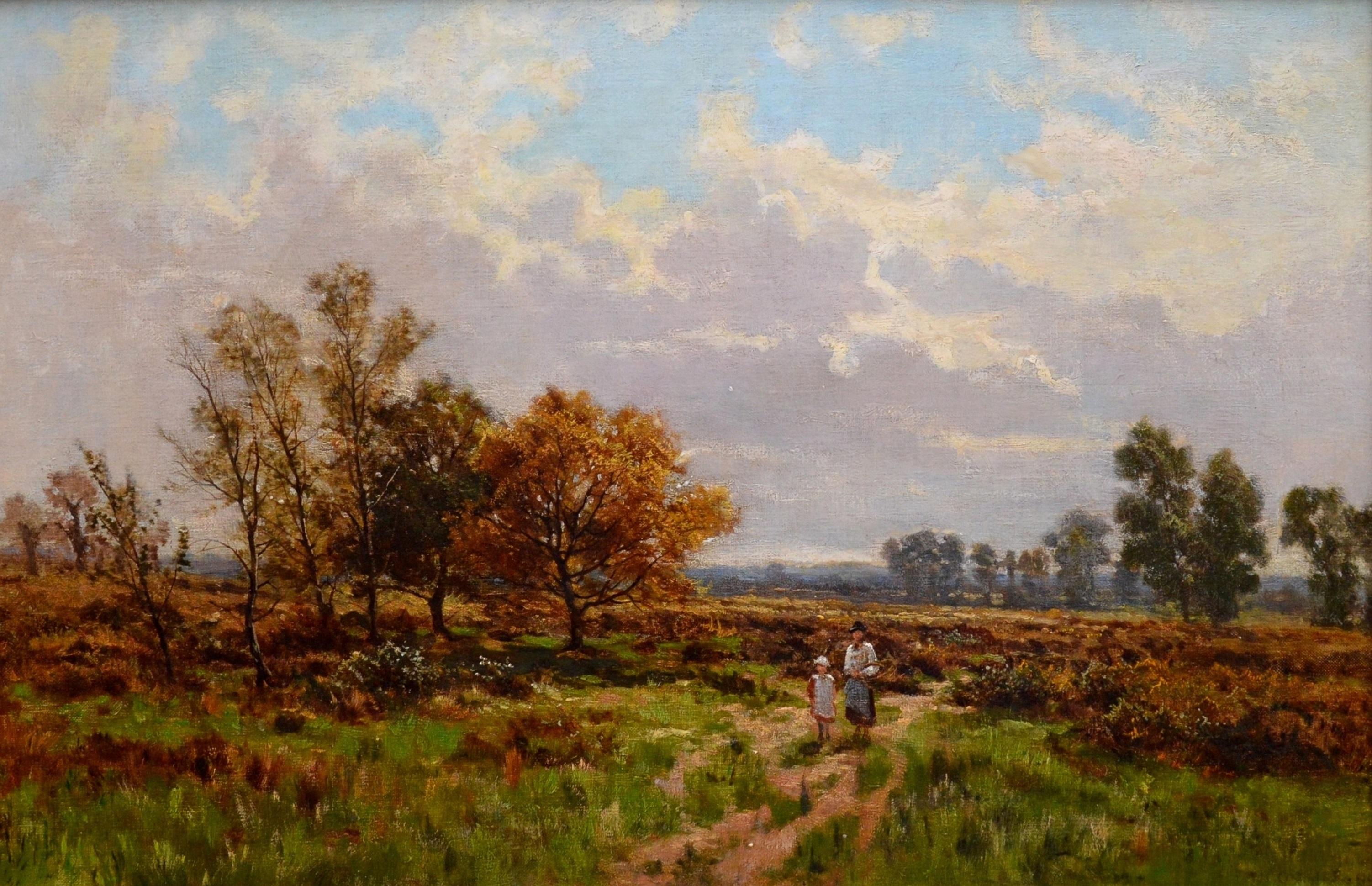 This is a fine 19th century oil on canvas depicting a mother and daughter crossing a field in summertime ‘Near Stratford Upon Avon’ by the listed Victorian landscape painter Arthur Bevan Collier 1832-1909. The painting is signed by the artist and