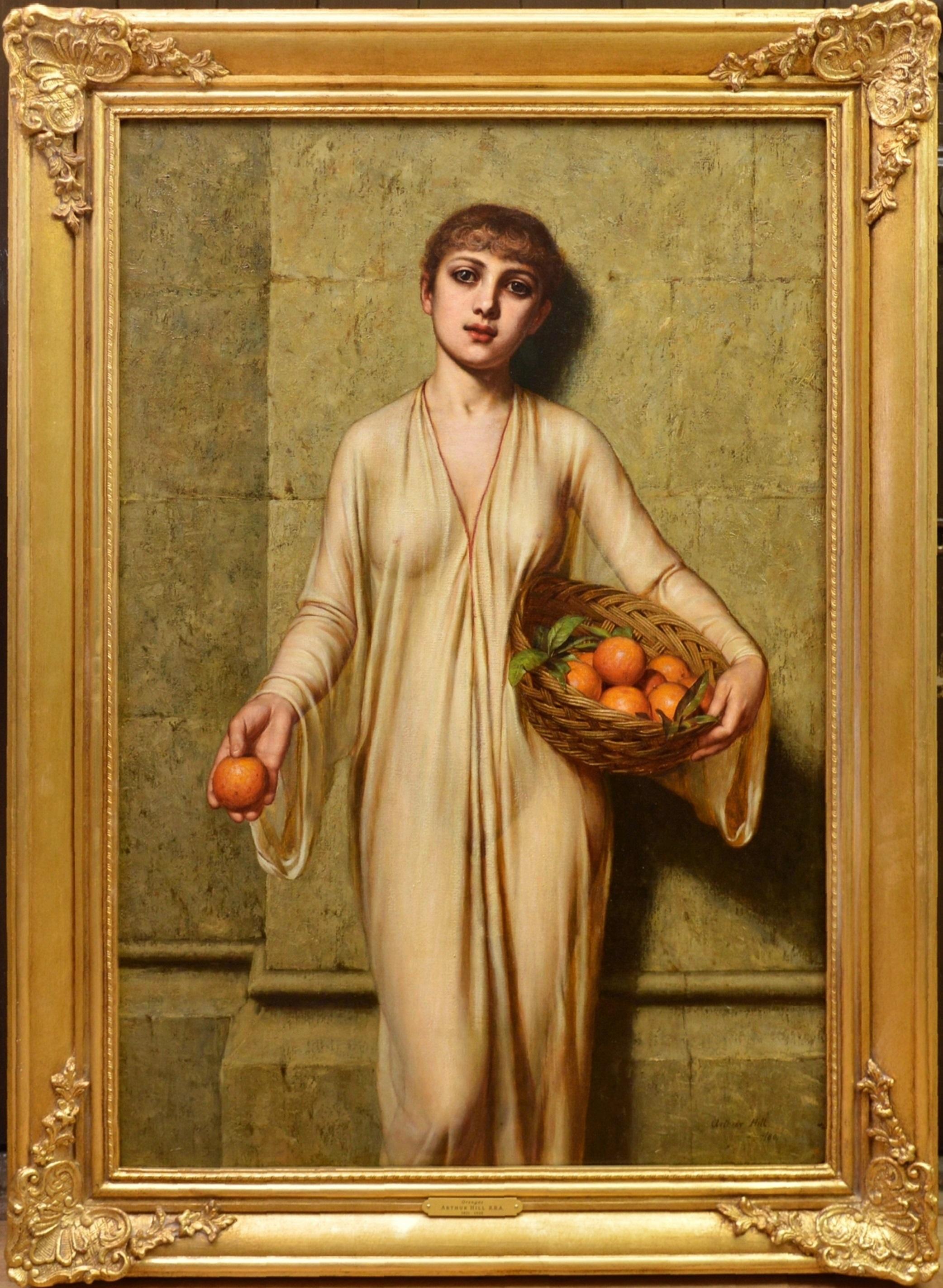 Figurative Painting Arthur Hill - Oranges - Peinture à l'huile de portrait néoclassique du 19ème siècle d'une jeune fille romaine