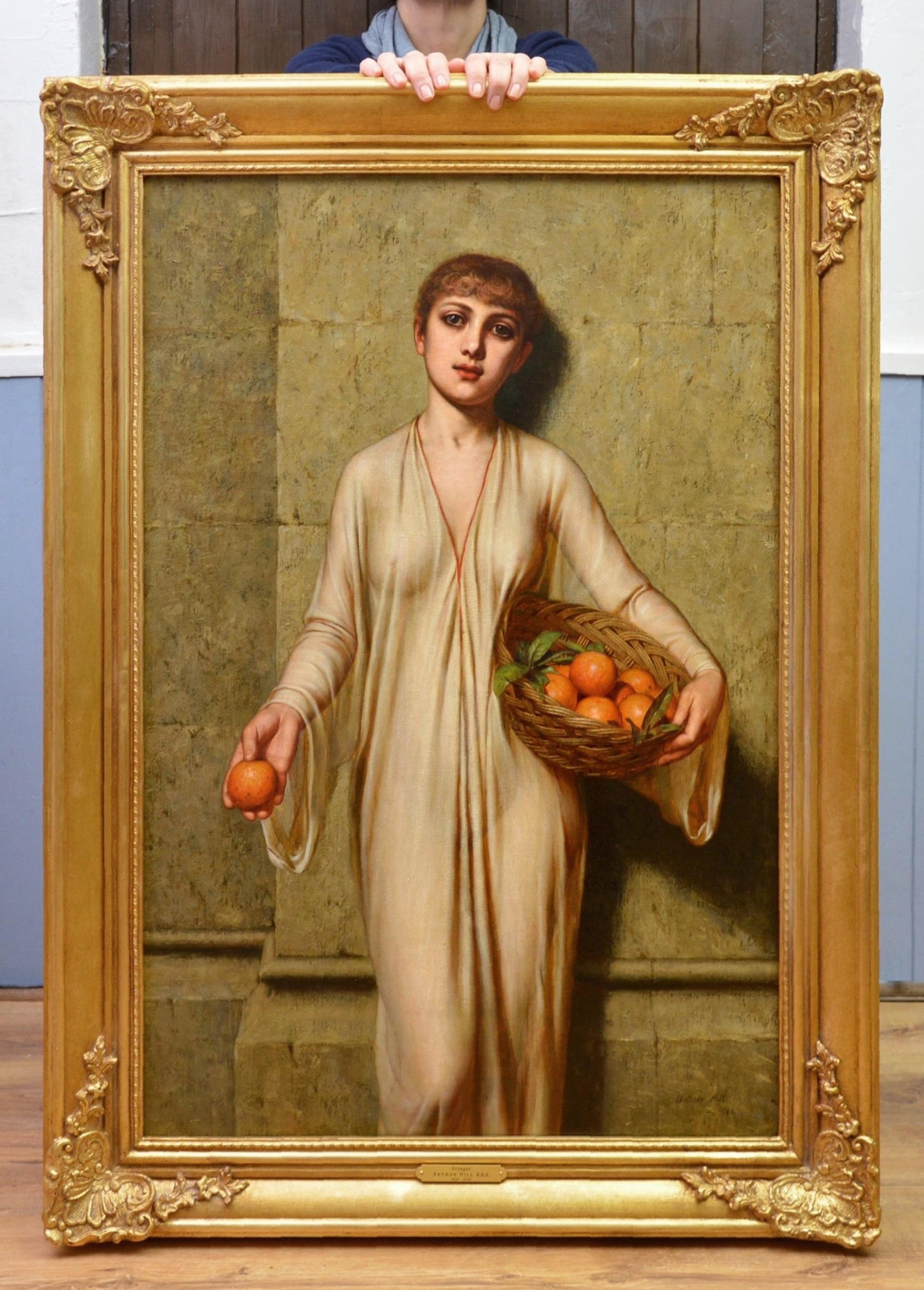Oranges - Peinture à l'huile de portrait néoclassique du 19ème siècle d'une jeune fille romaine - Painting de Arthur Hill