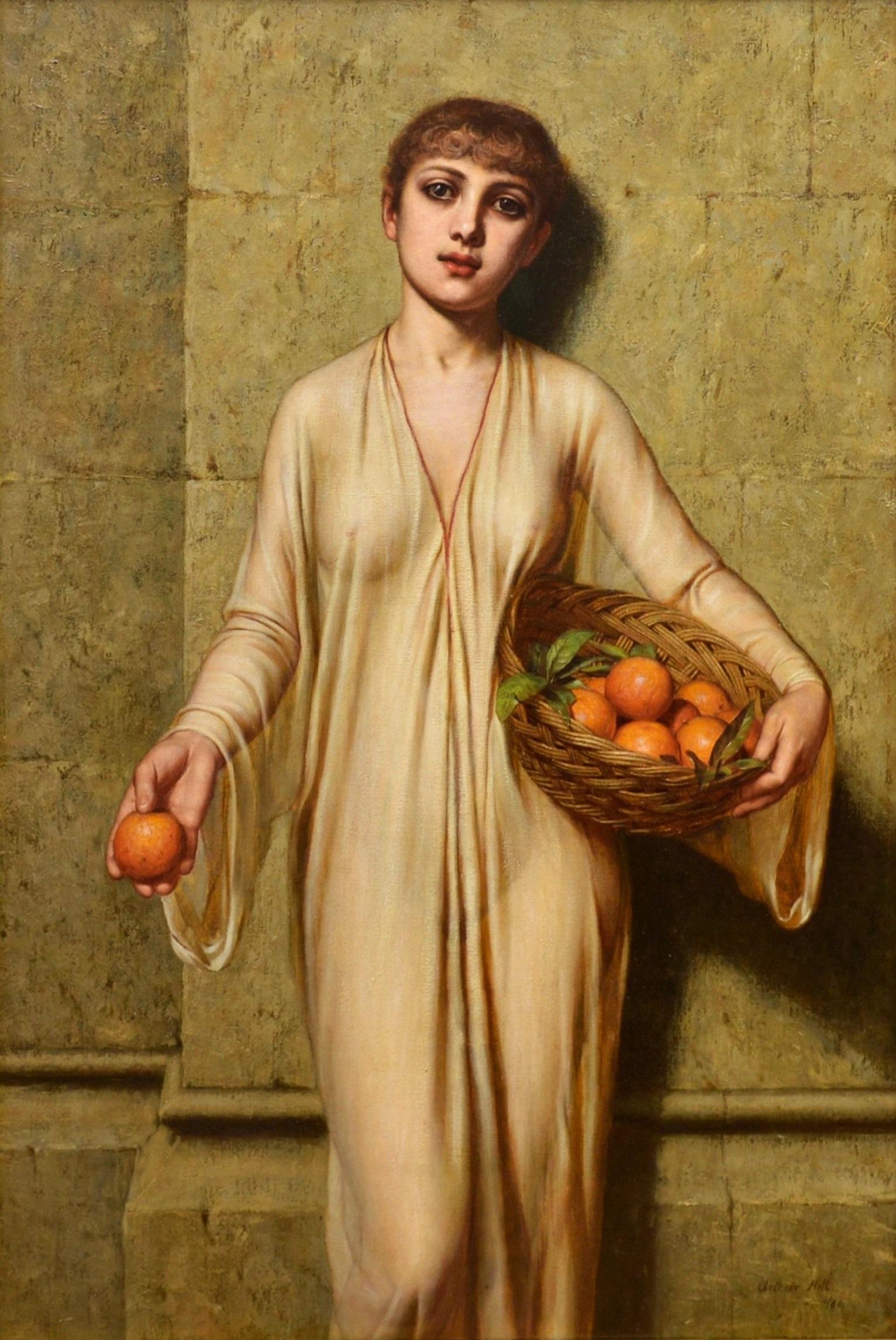 Oranges - Peinture à l'huile de portrait néoclassique du 19ème siècle d'une jeune fille romaine - Réalisme Painting par Arthur Hill