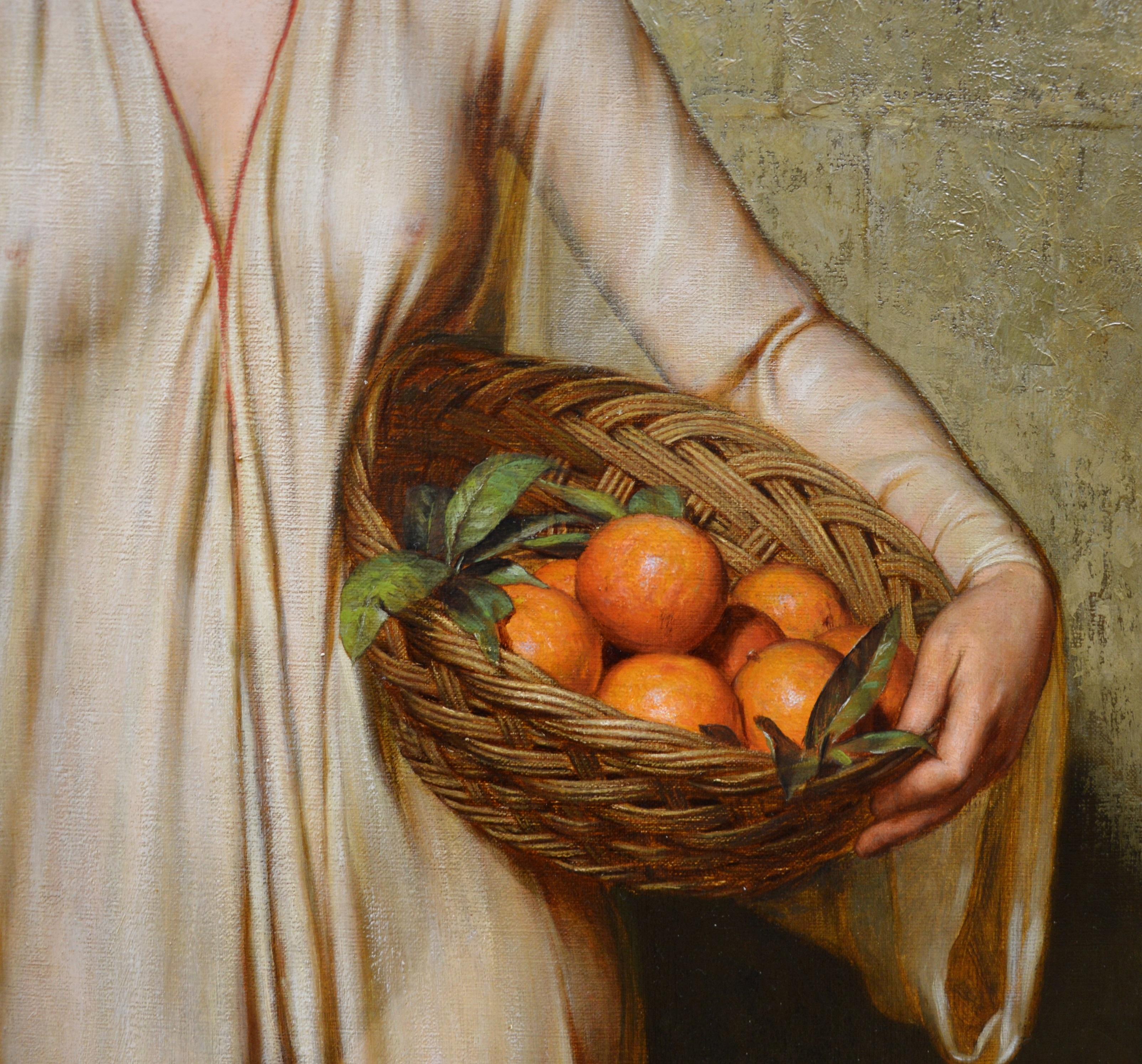 Oranges - Peinture à l'huile de portrait néoclassique du 19ème siècle d'une jeune fille romaine - Marron Figurative Painting par Arthur Hill
