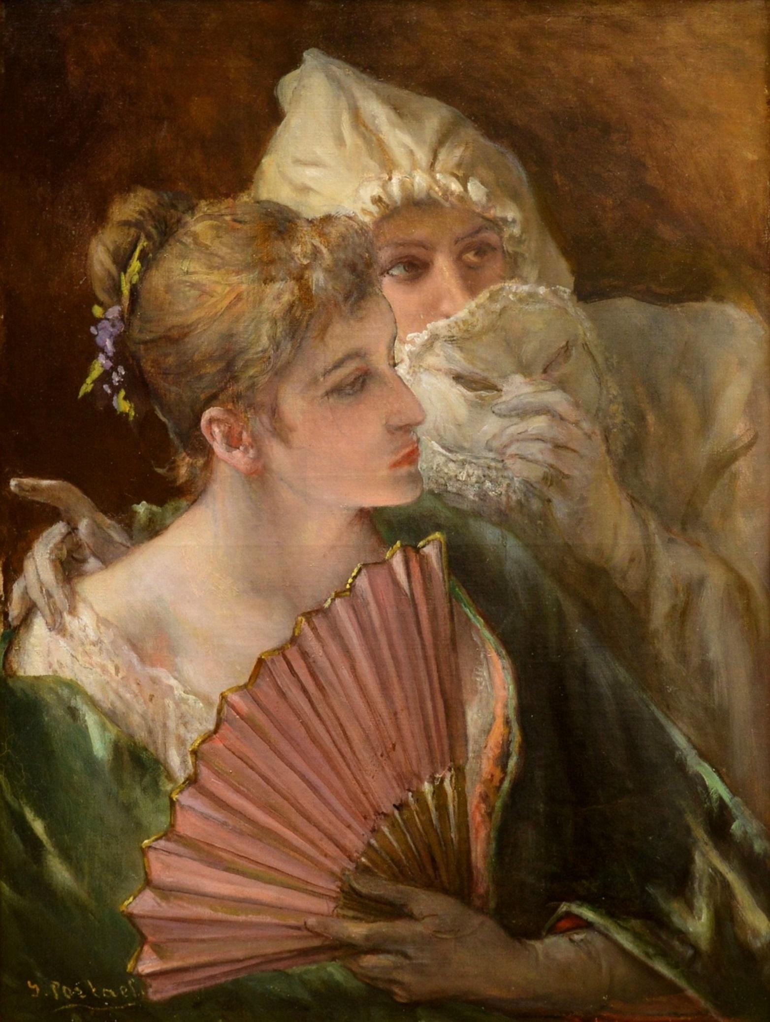 Masquerade - Pittura a olio del 19° secolo French Belle Epoque - Ritratto di ragazza della società - Painting Realismo di Jean Francois Portaels 