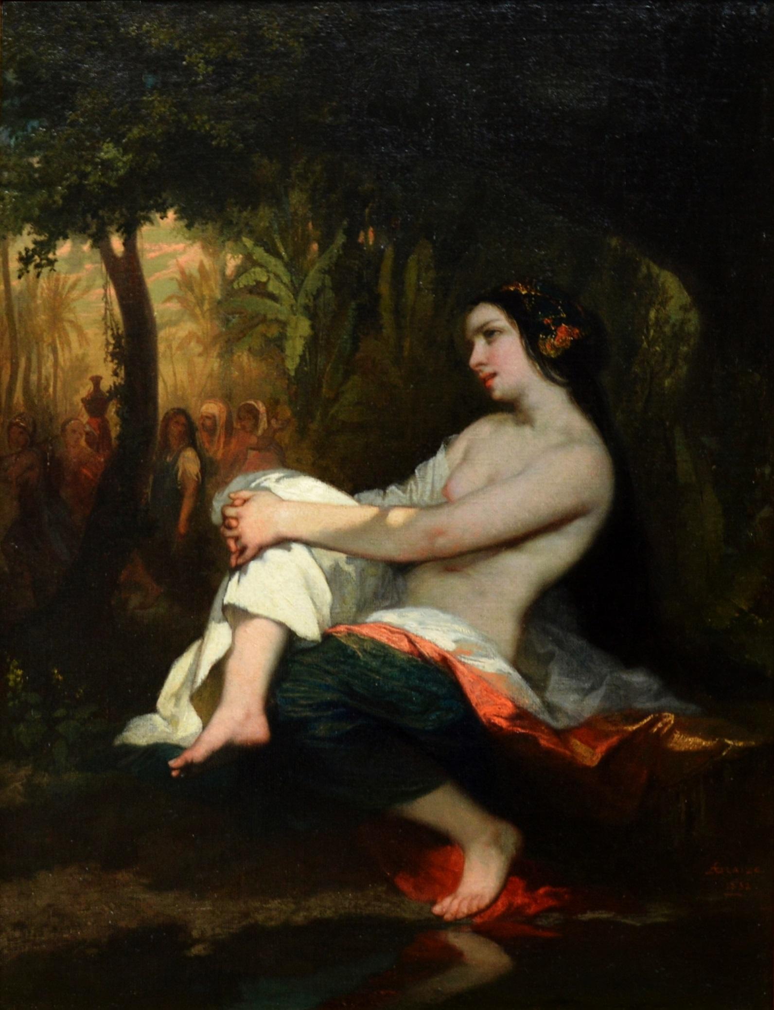 Femme au Bain - 19th Century French Nude Landscape Oil Painting - Brown Nude Painting by Auguste Barthelemy Glaize