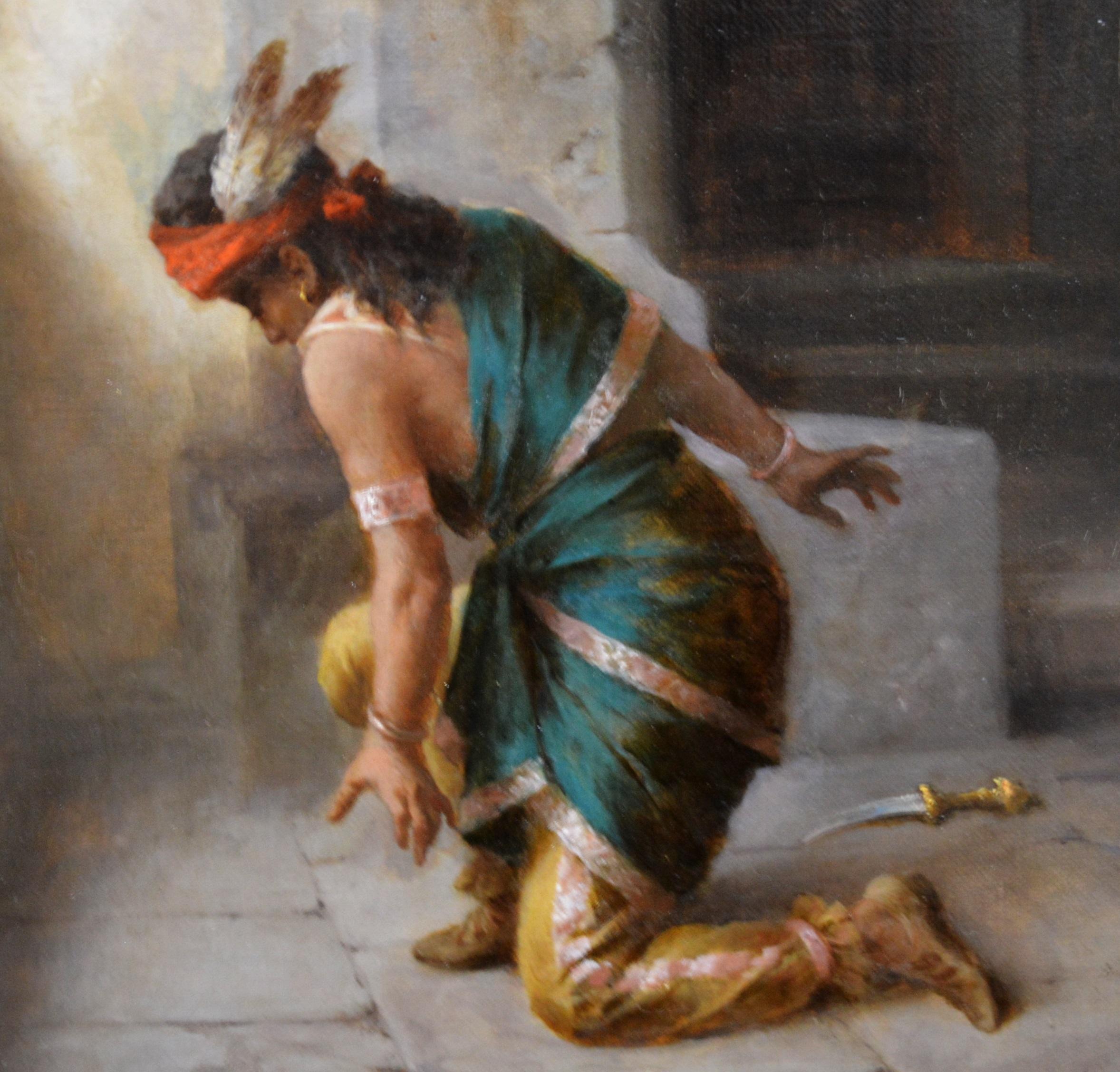 This is a large fine 19th century oil on canvas capriccio depicting native American chief’s daughter Pocahontas preventing the assassination of Captain John Smith by the eminent Italian painter Luigi Crosio 1835-1915. Capturing one of the most