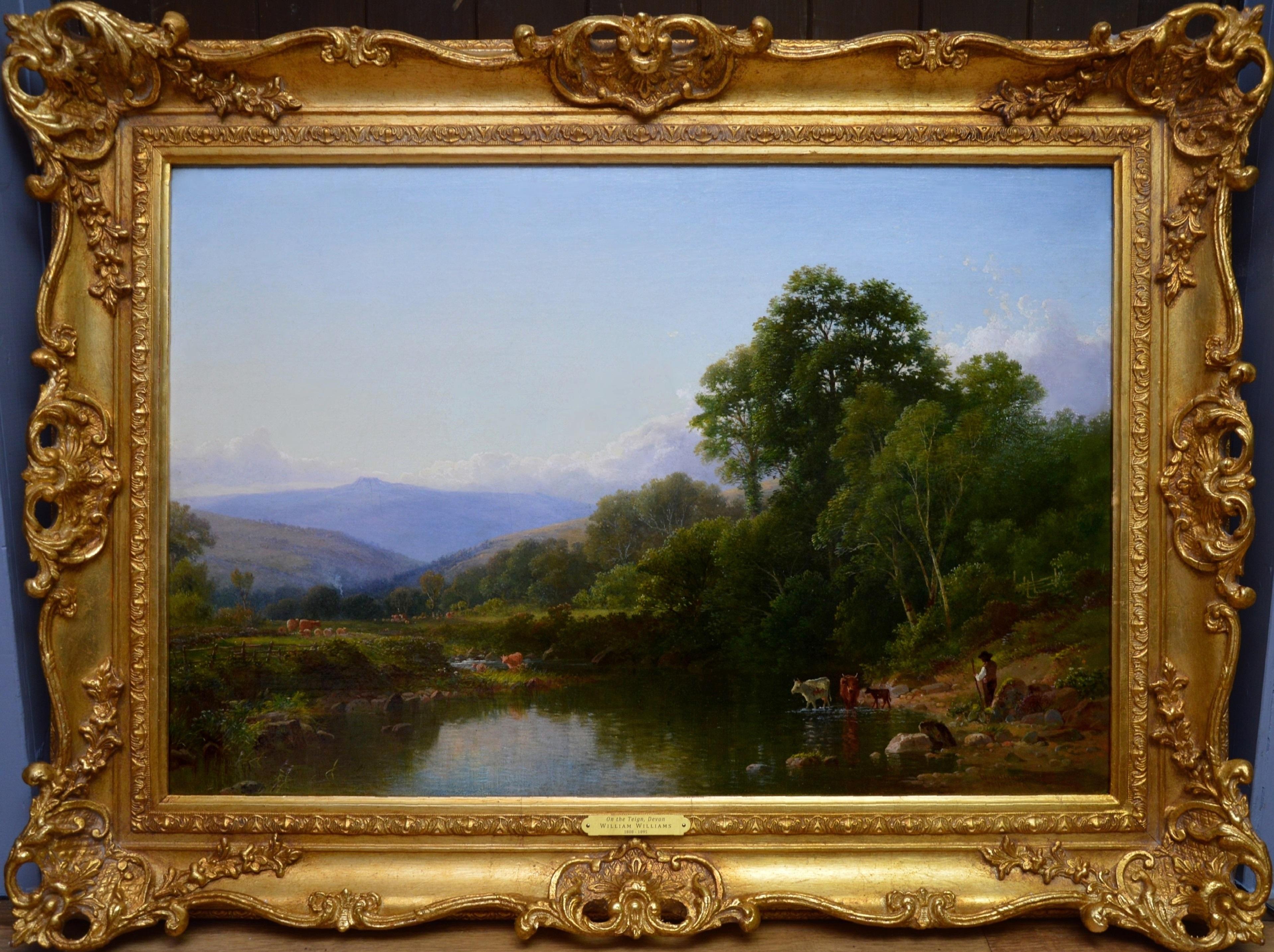 William Williams of Plymouth Animal Painting - On the Teign, Devon - 19th Century English River Landscape Oil Painting