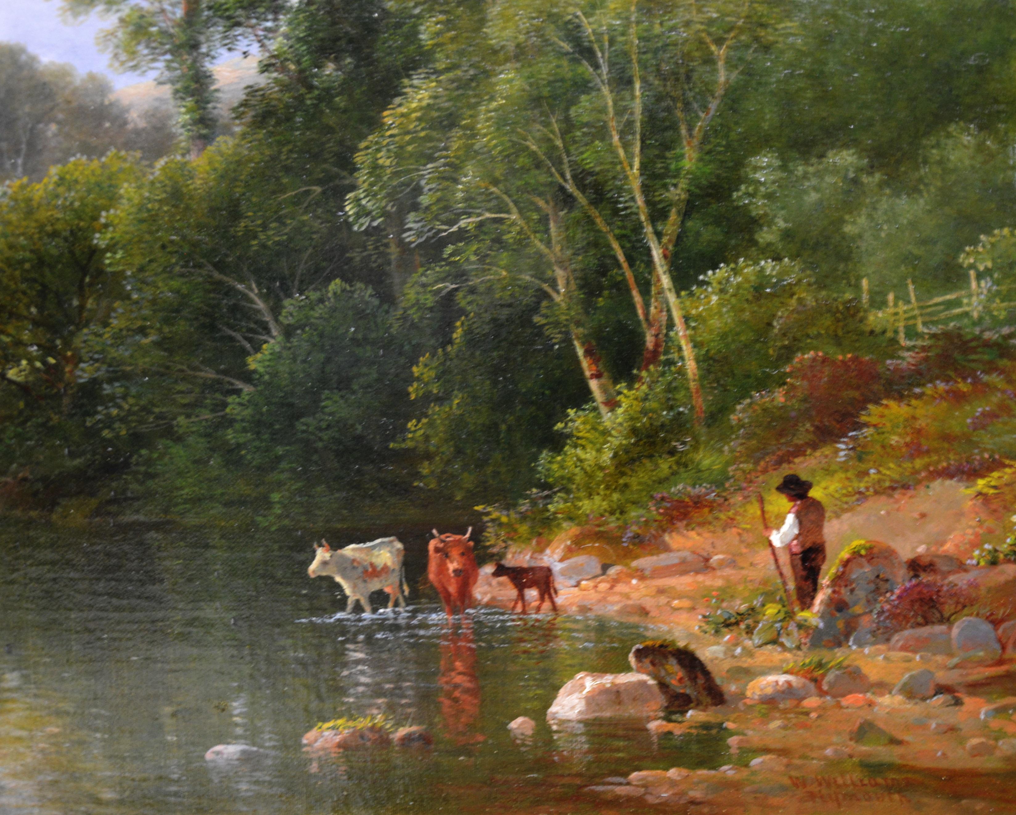 On the Teign, Devon - 19th Century English River Landscape Oil Painting - Brown Animal Painting by William Williams of Plymouth