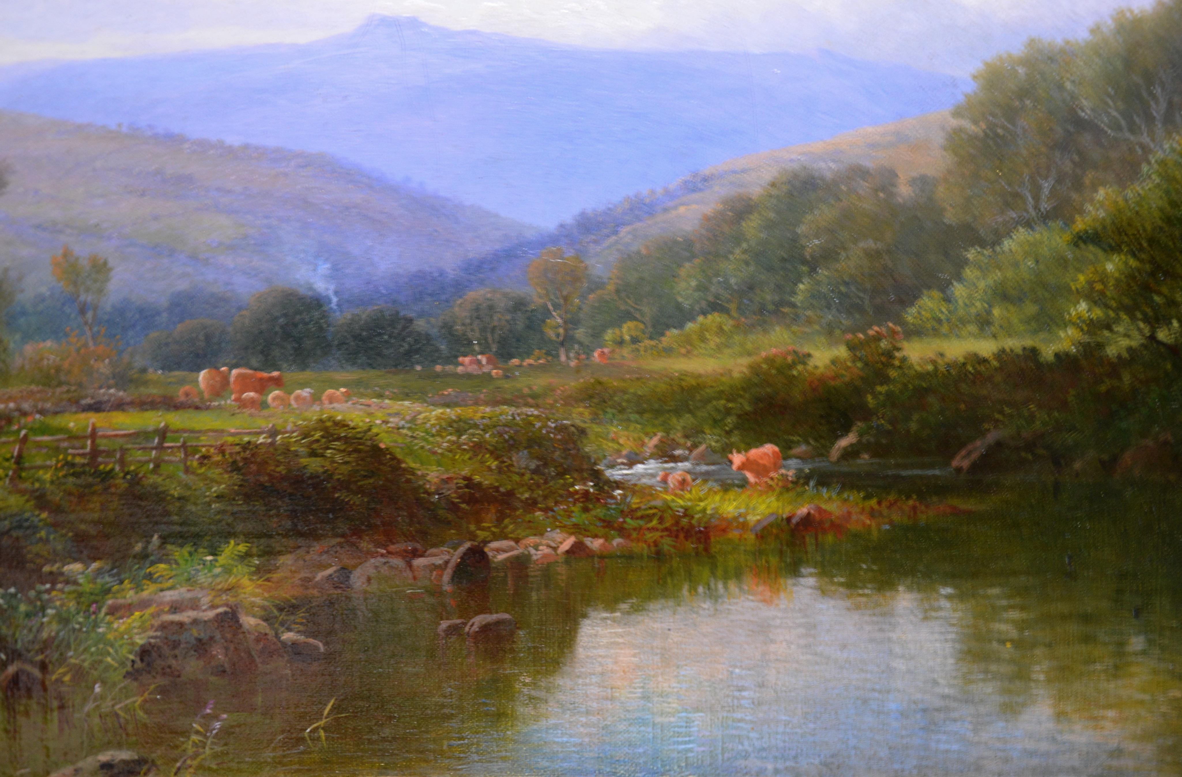 This is a fine large 19th century English summer landscape oil on canvas depicting cattle watering on a Devonshire river by the eminent Victorian painter William Williams of Plymouth (1808-1895). ‘On the Teign, Devon’ is signed by the artist, and