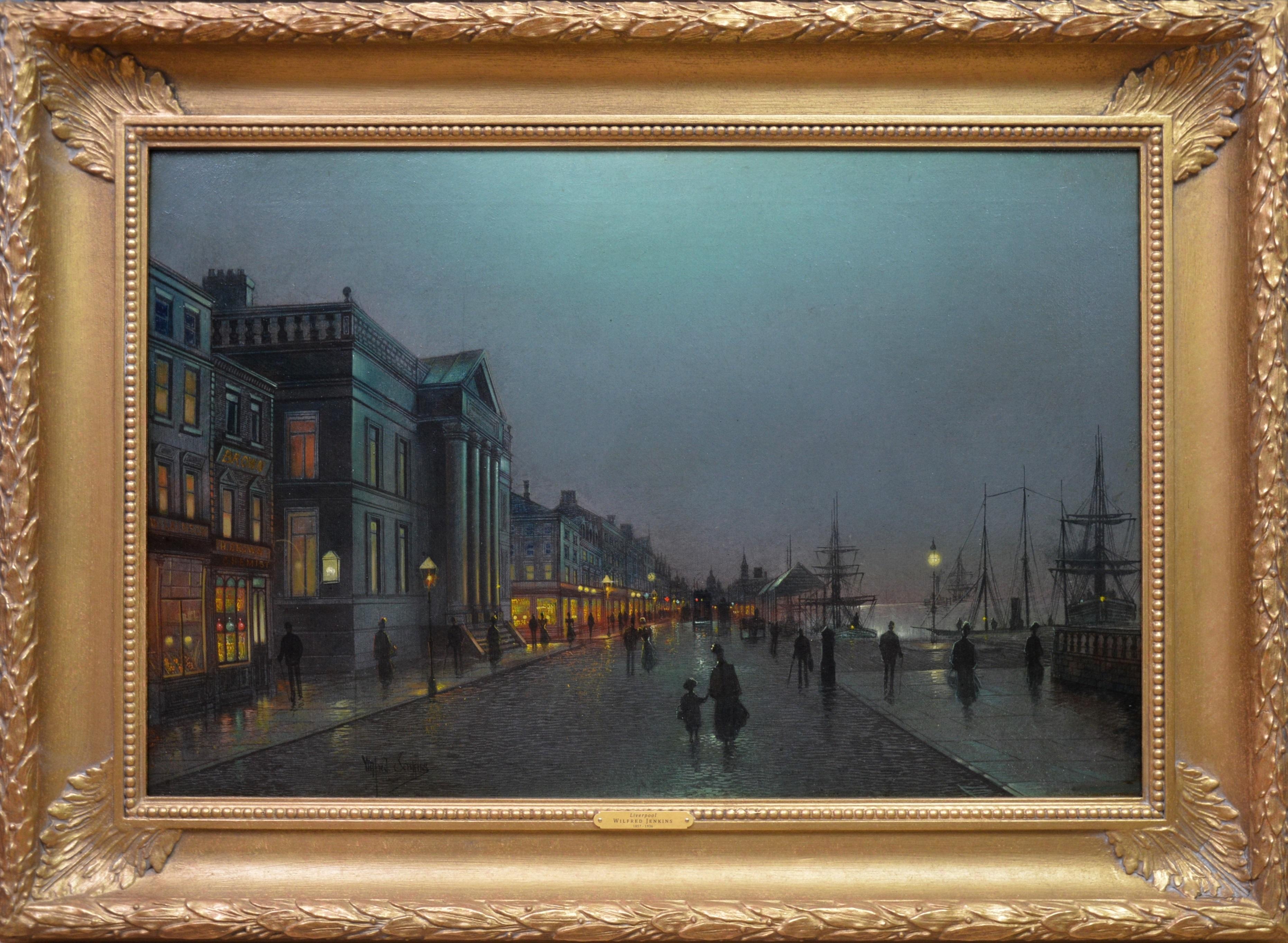 Landscape Painting Wilfred Jenkins - Peinture à l'huile du 19ème siècle - Scène de clair de lune d'Atkinson Grimshaw - Liverpool Dockside