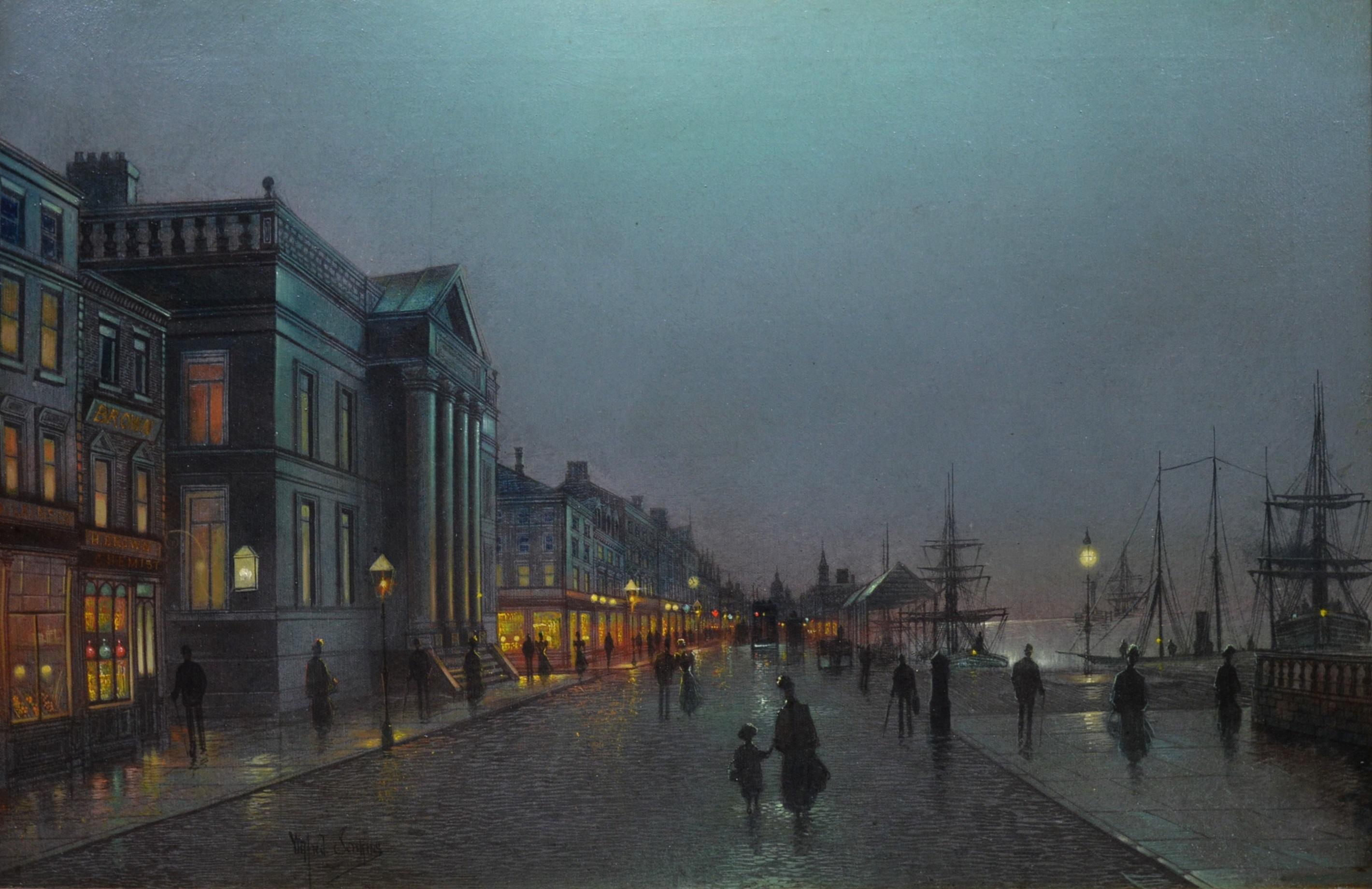 Peinture à l'huile du 19ème siècle - Scène de clair de lune d'Atkinson Grimshaw - Liverpool Dockside - Victorien Painting par Wilfred Jenkins