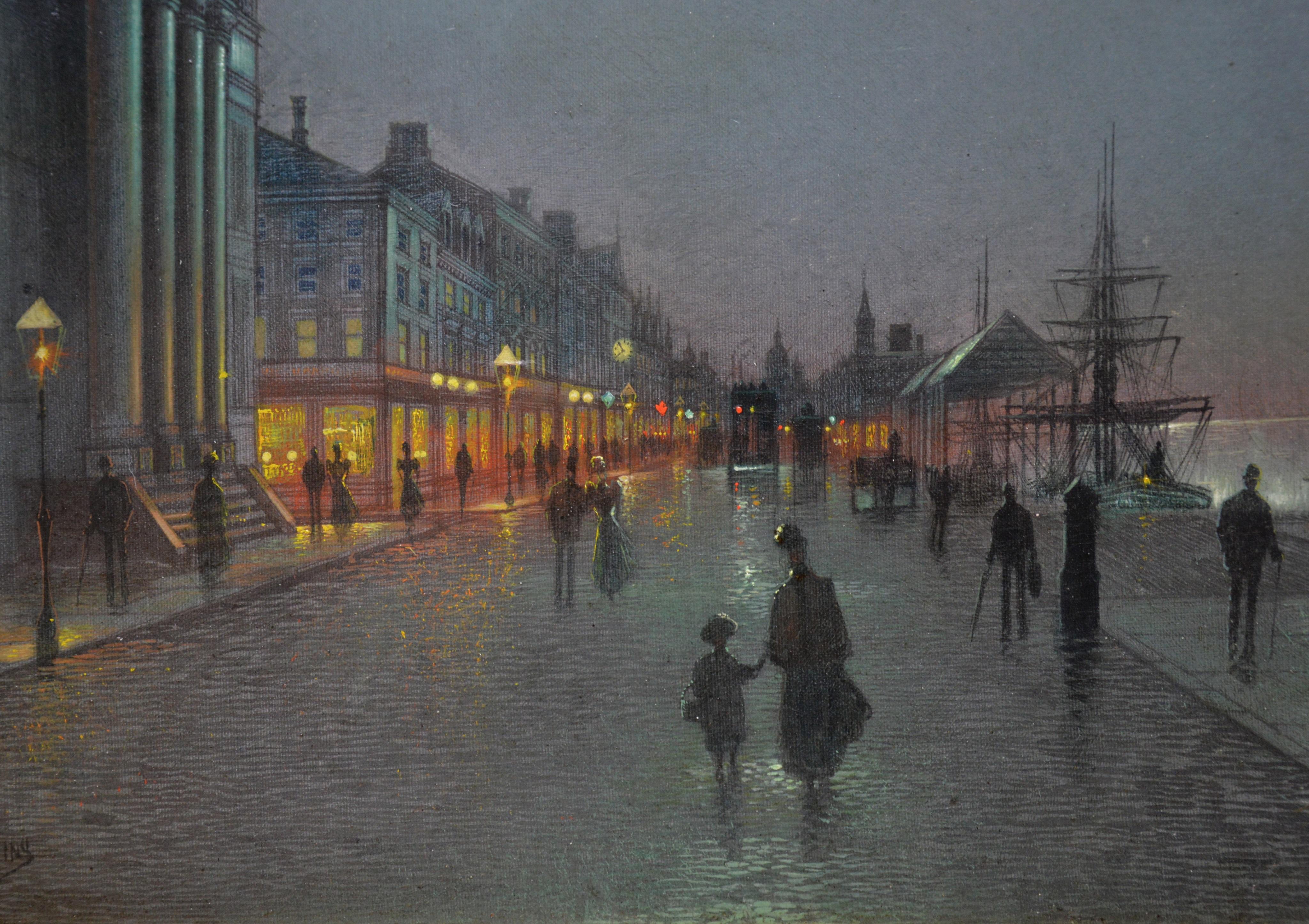 Il s'agit d'une grande huile sur toile représentant un paysage victorien du 19e siècle, une scène nocturne atmosphérique de personnages sombres marchant sur les docks de Liverpool - éclairés par la lueur des lampes à gaz - par le très populaire