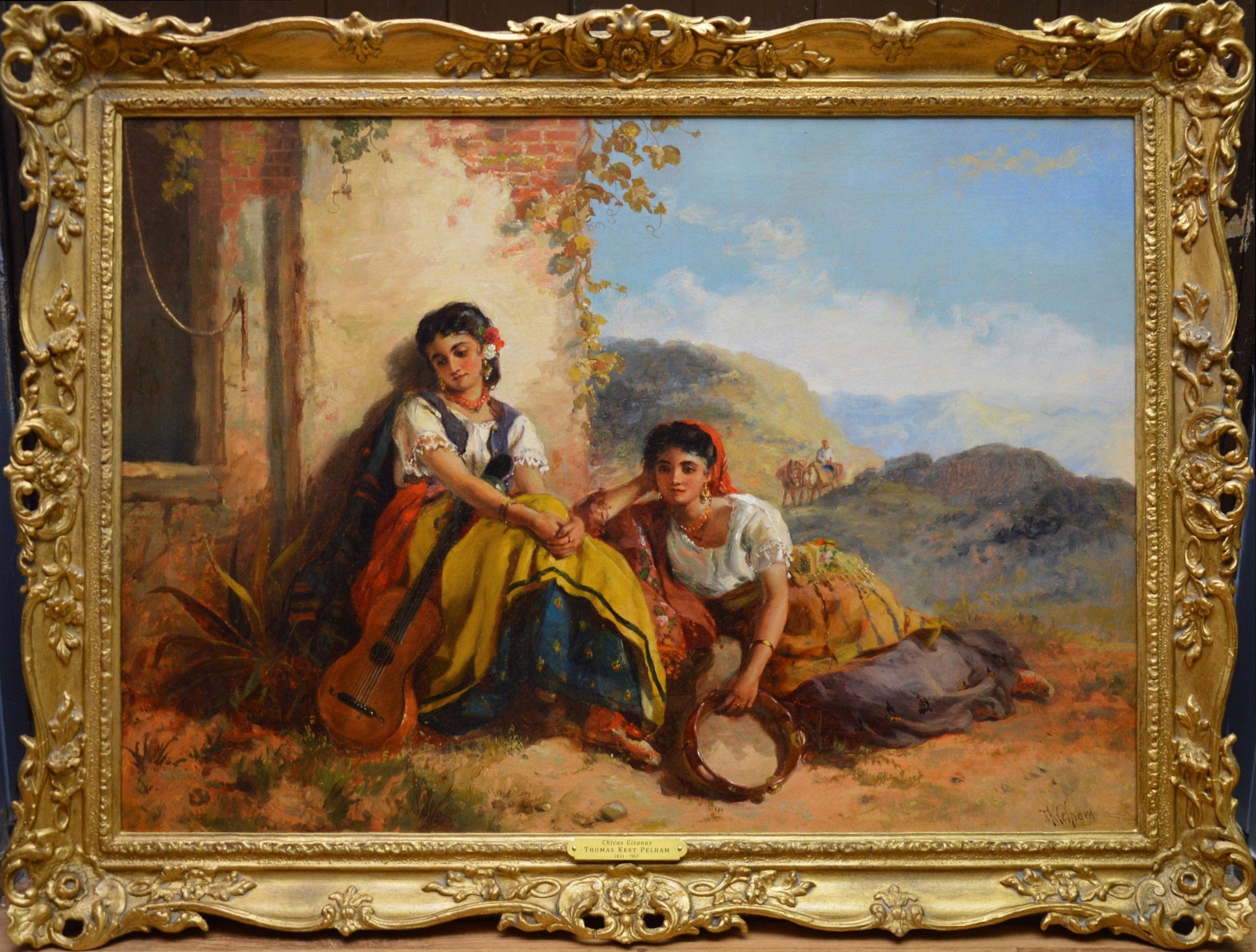 Thomas Kent Pelham Landscape Painting - Chicas Gitanas - 19th Century Orientalist Oil Painting Beautiful Spanish Girls
