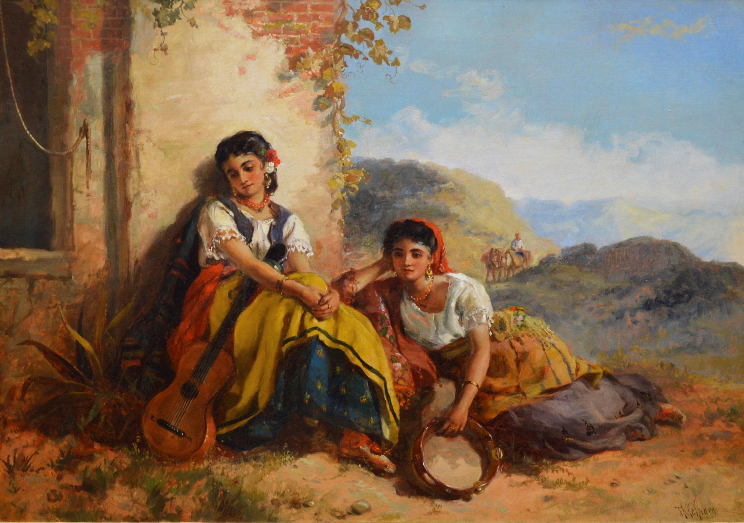 Chicas Gitanas - 19th Century Orientalist Oil Painting Beautiful Spanish Girls - Brown Landscape Painting by Thomas Kent Pelham