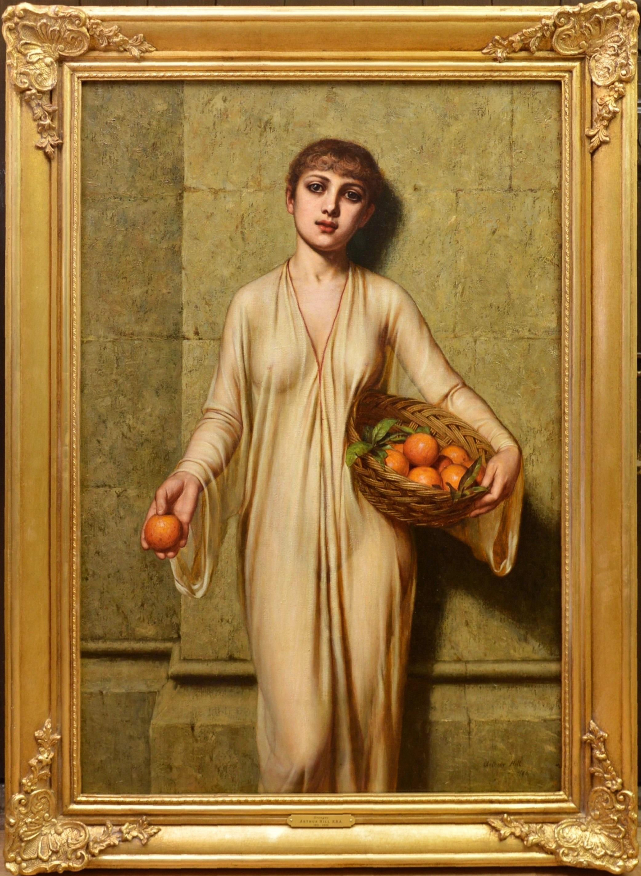 Arthur Hill Nude Painting - Oranges - 19th Century Neoclassical Portrait Oil Painting of Young Roman Girl