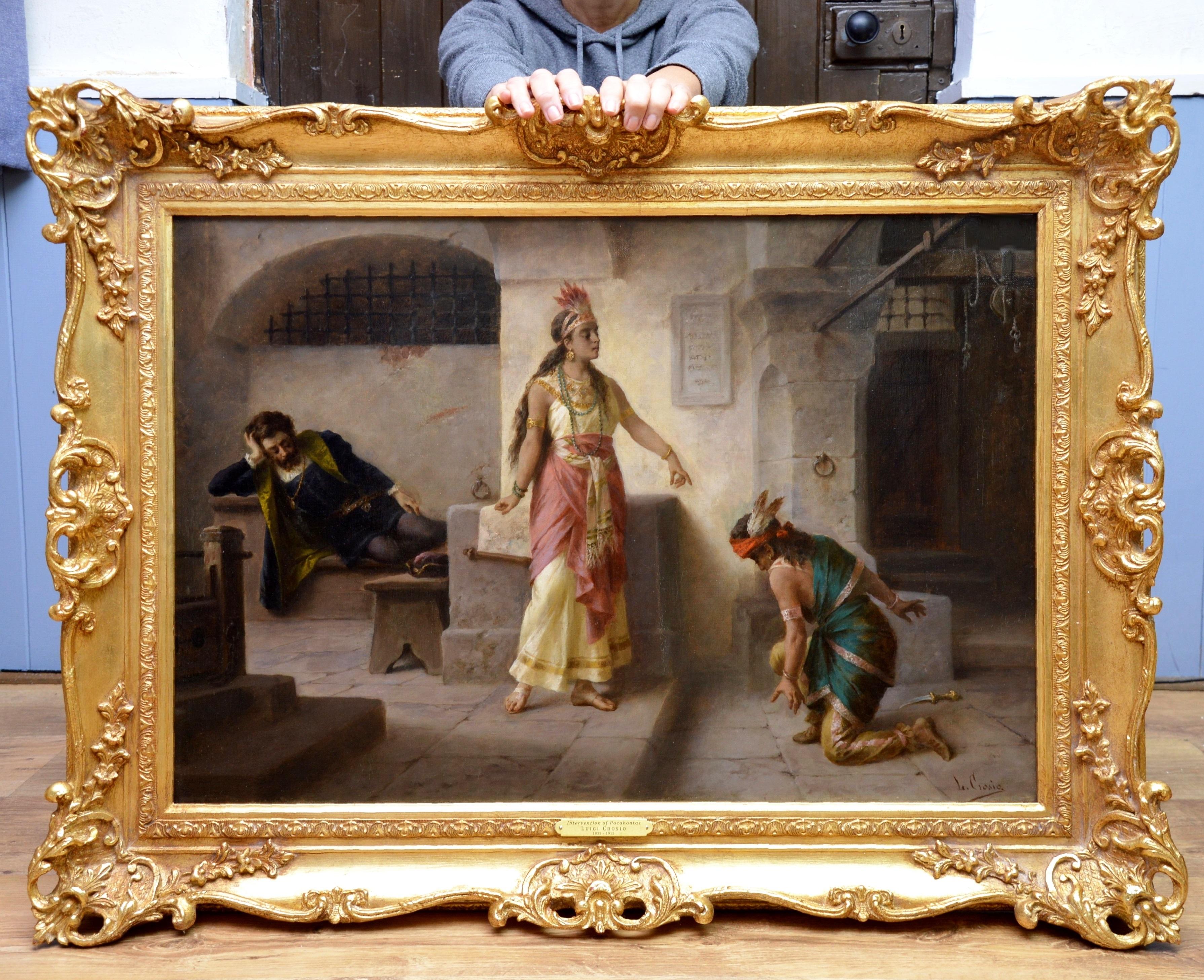 Intervention of Pocahontas - 19th Century Italian Oil Painting American History - Brown Figurative Painting by Luigi Crosio