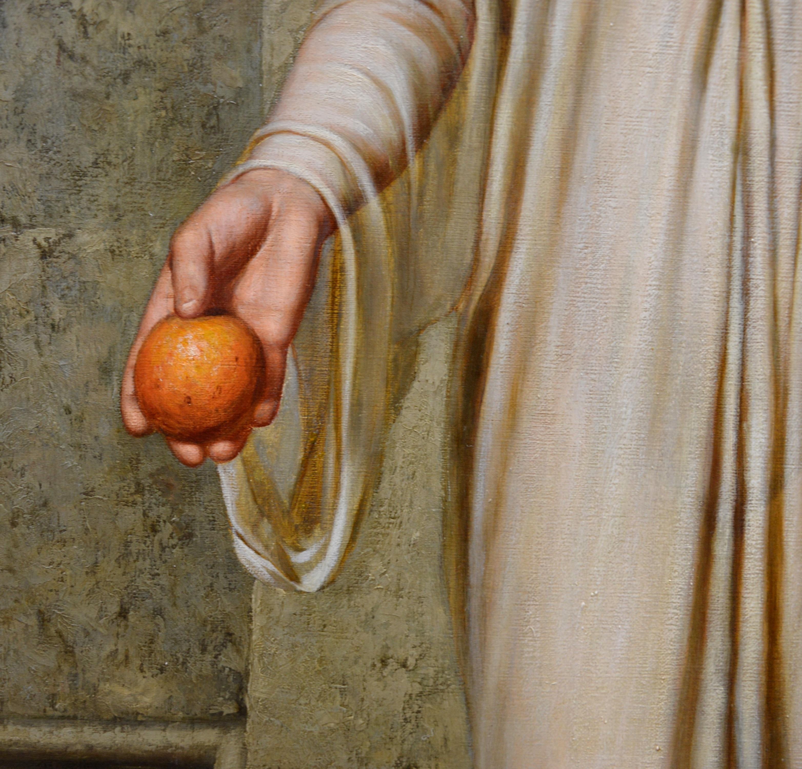 This is a large fine oil 19th century oil on canvas depicting a young woman of Ancient Rome in a sheer subucula tunic selling ‘Oranges’ by the Victorian neoclassical painter Arthur Hill RBA (1820-1920). The painting is signed and dated by the