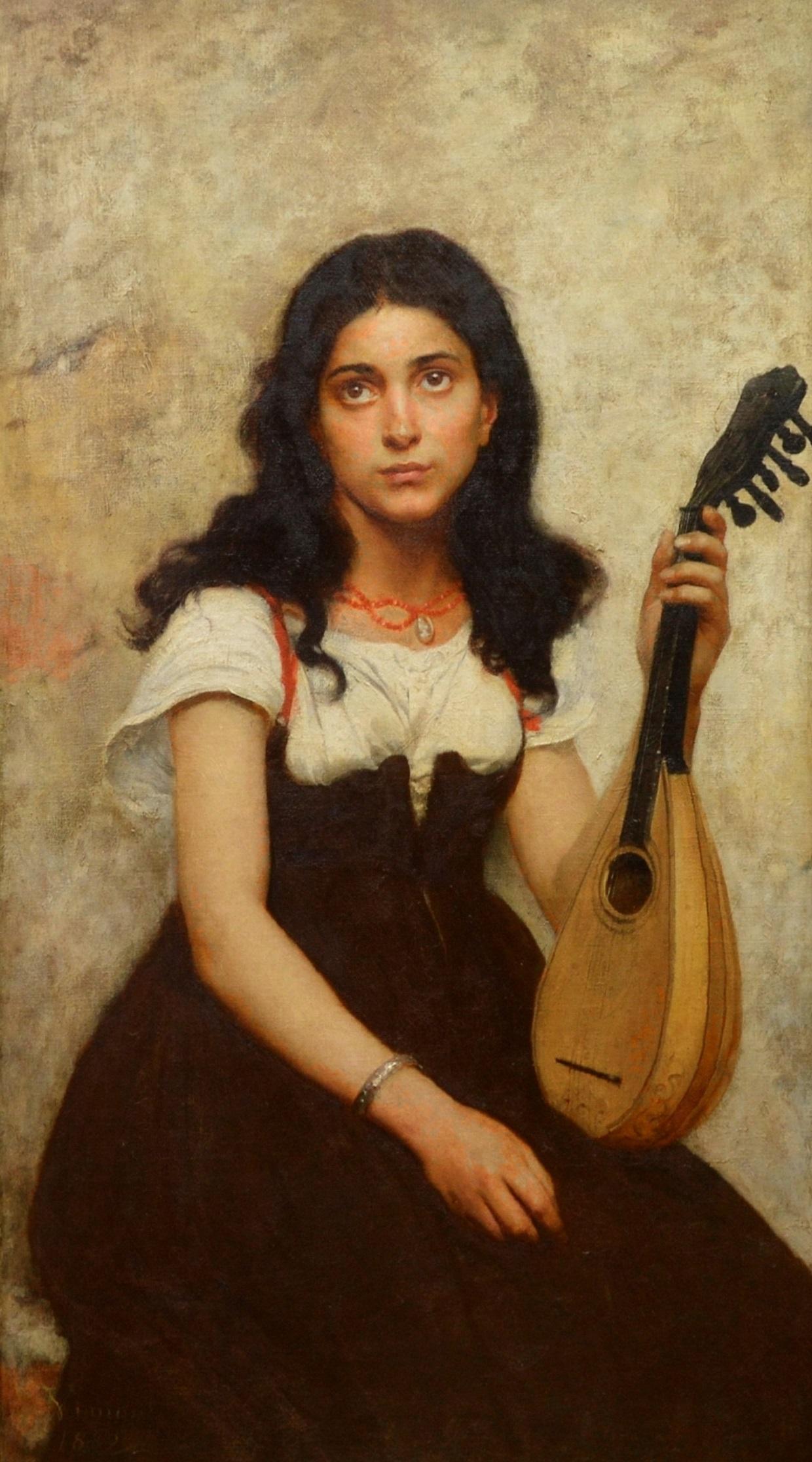 La Jeune Musicienne - 19th Century French Belle Epoque Oil Painting Portrait - Brown Figurative Painting by Edouard Vimont