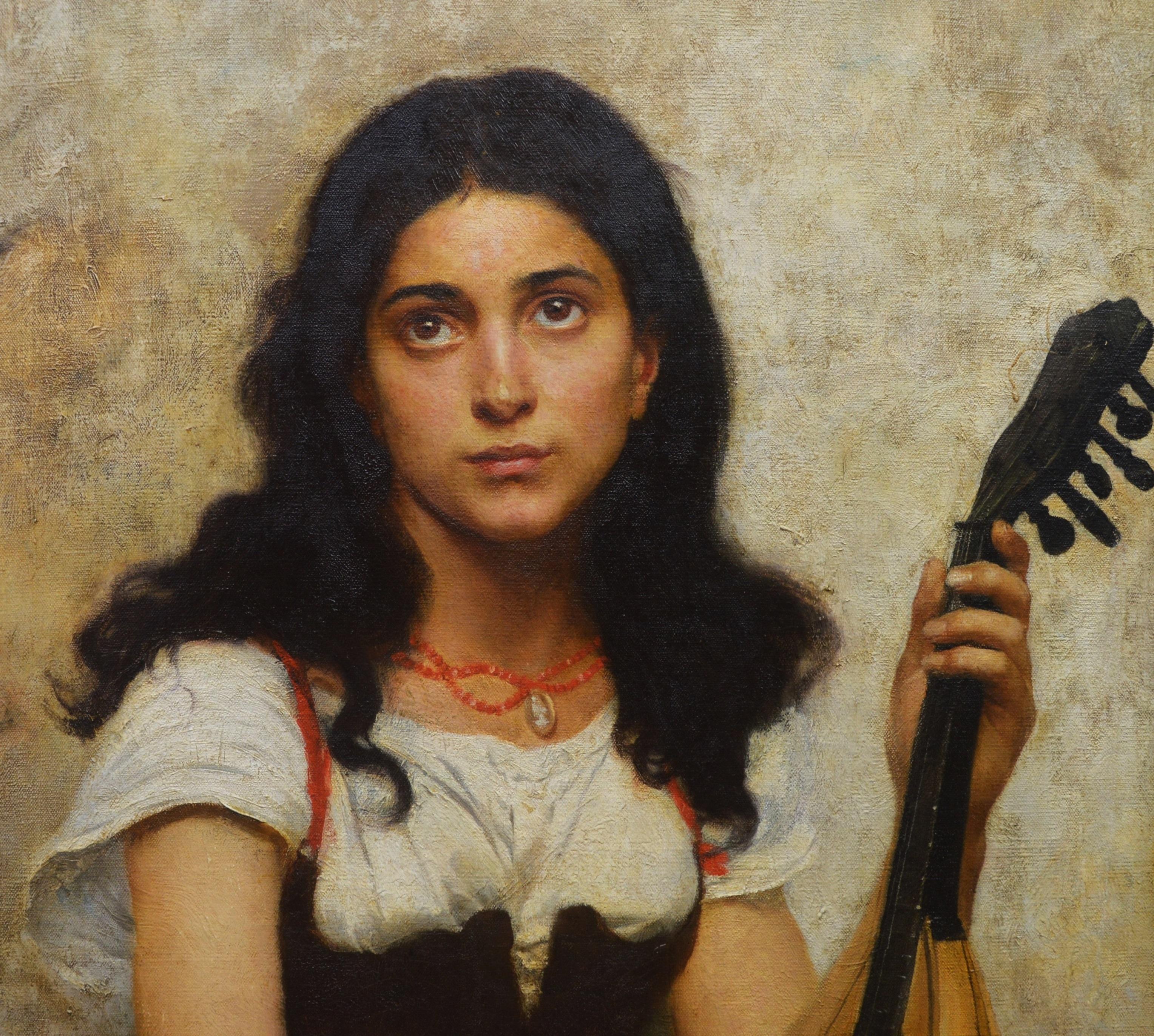 This is a very large fine 19th century French Belle Epoque oil on canvas depicting a girl holding a mandolin by the eminent Parisian painter Édouard Vimont (1846-1930). ‘La Jeune Musicienne’ is signed by the artist and dated 1889. 

As with all of