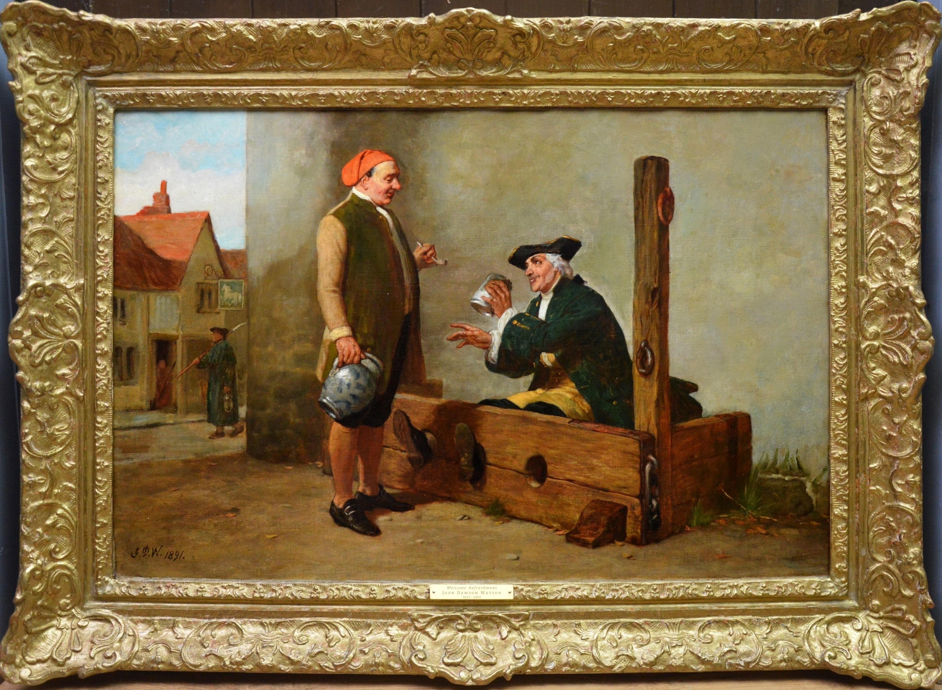Welcome Refreshment - 19th Century Oil Painting of Georgian Gentleman in Stocks - Brown Landscape Painting by John Dawson Watson