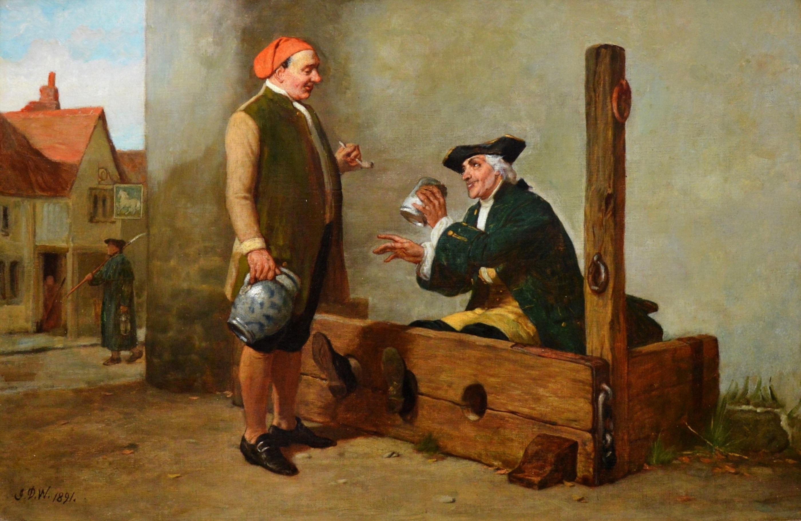 This is a large fine 19th century oil on canvas depicting an 18th century gentleman in the village stocks being handed some ‘Welcome Refreshment’ from the local pub landlord by the distinguished Victorian painter John Dawson Watson (1832-1892). The