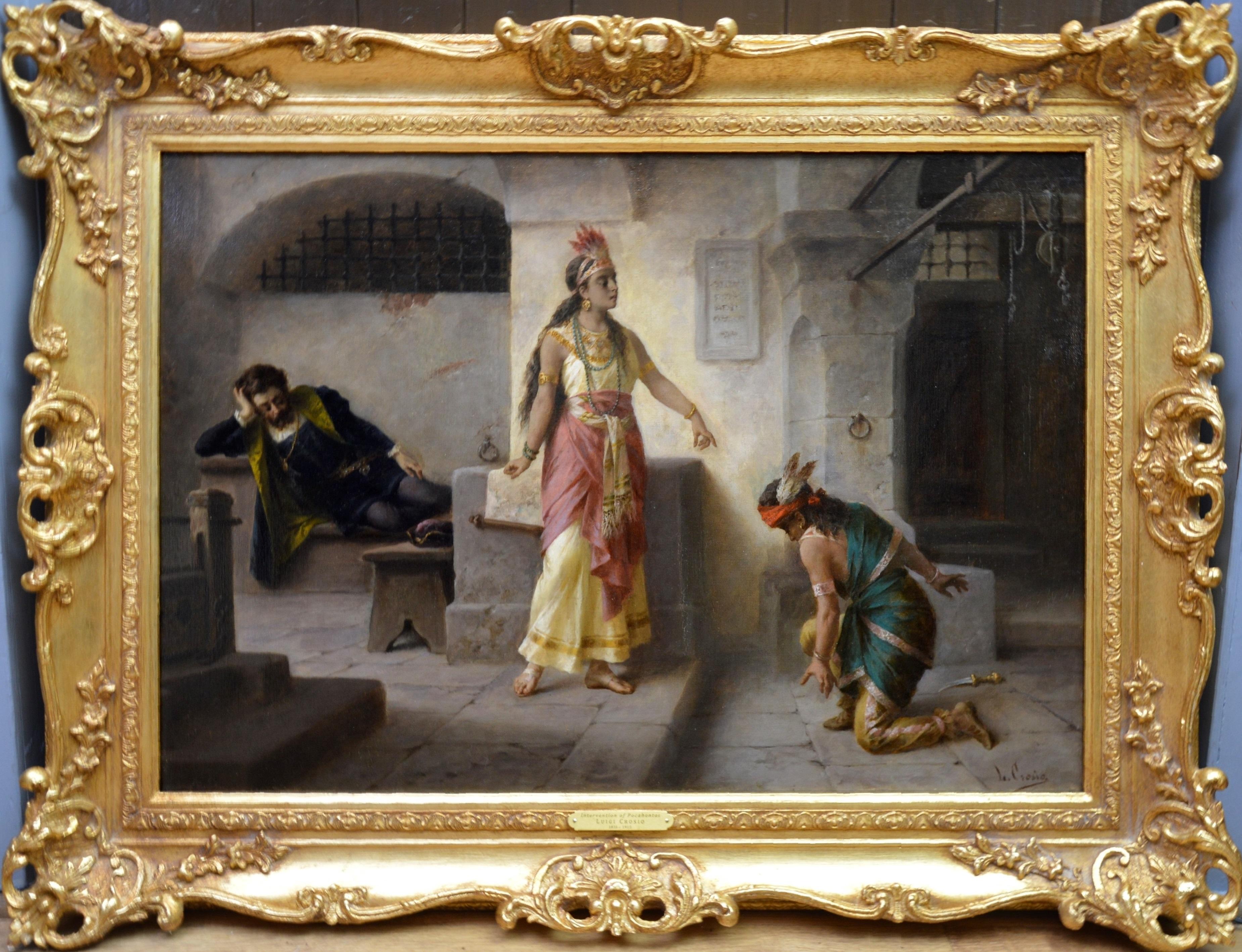 Luigi Crosio Interior Painting - Intervention of Pocahontas - 19th Century Italian Oil Painting American History