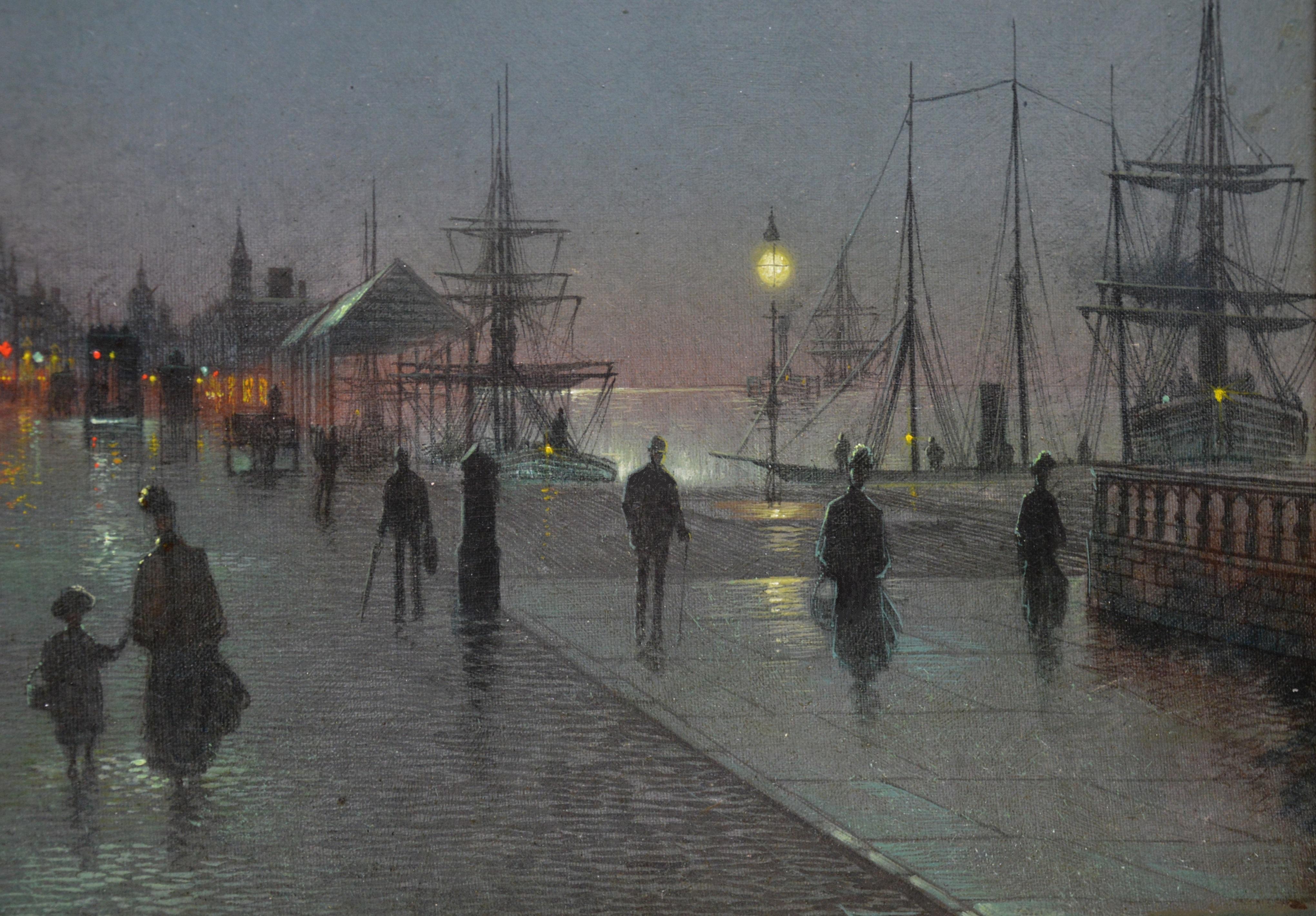 This is a large fine 19th century Victorian landscape oil on canvas depicting an atmospheric nocturnal scene of dark figures walking at ‘Liverpool’ docks - lit by the glow of gas lights - by the very popular British artist and former pupil of John