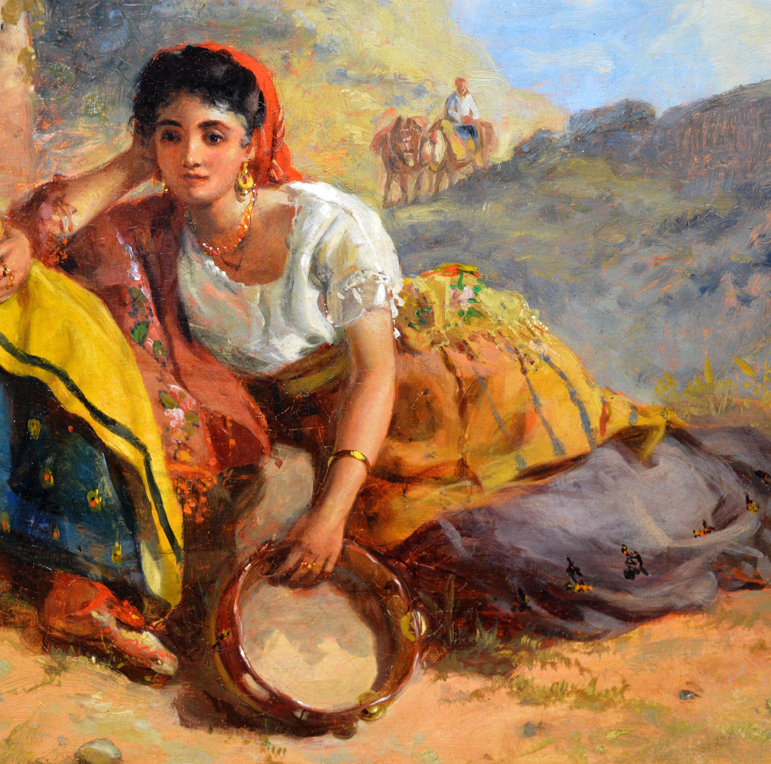 This is a large fine 19th century oil on canvas depicting a pair of young Spanish girls with a guitar and tambourine resting in the shade by the eminent Royal Academy painter Thomas Kent Pelham (1831-1907). ‘Chicas Gitanas’ is signed by the artist