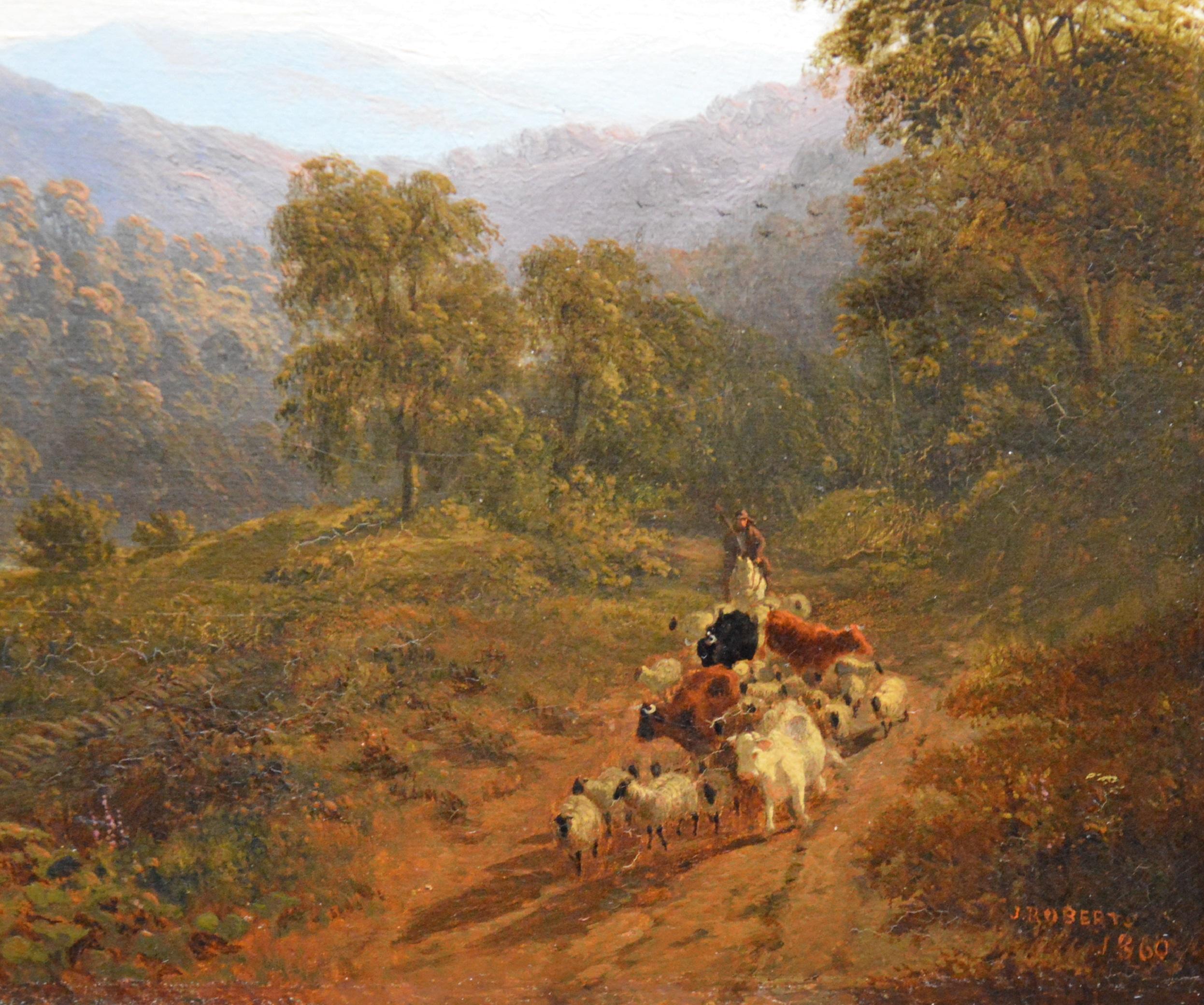 Il s'agit d'une belle paire de peintures à l'huile du XIXe siècle représentant deux scènes d'été d'Écosse intitulées A Border Tower:: Evening and Lake & Mountains:: Morning Effect par l'éminent peintre paysagiste victorien James Roberts (1832-1912).