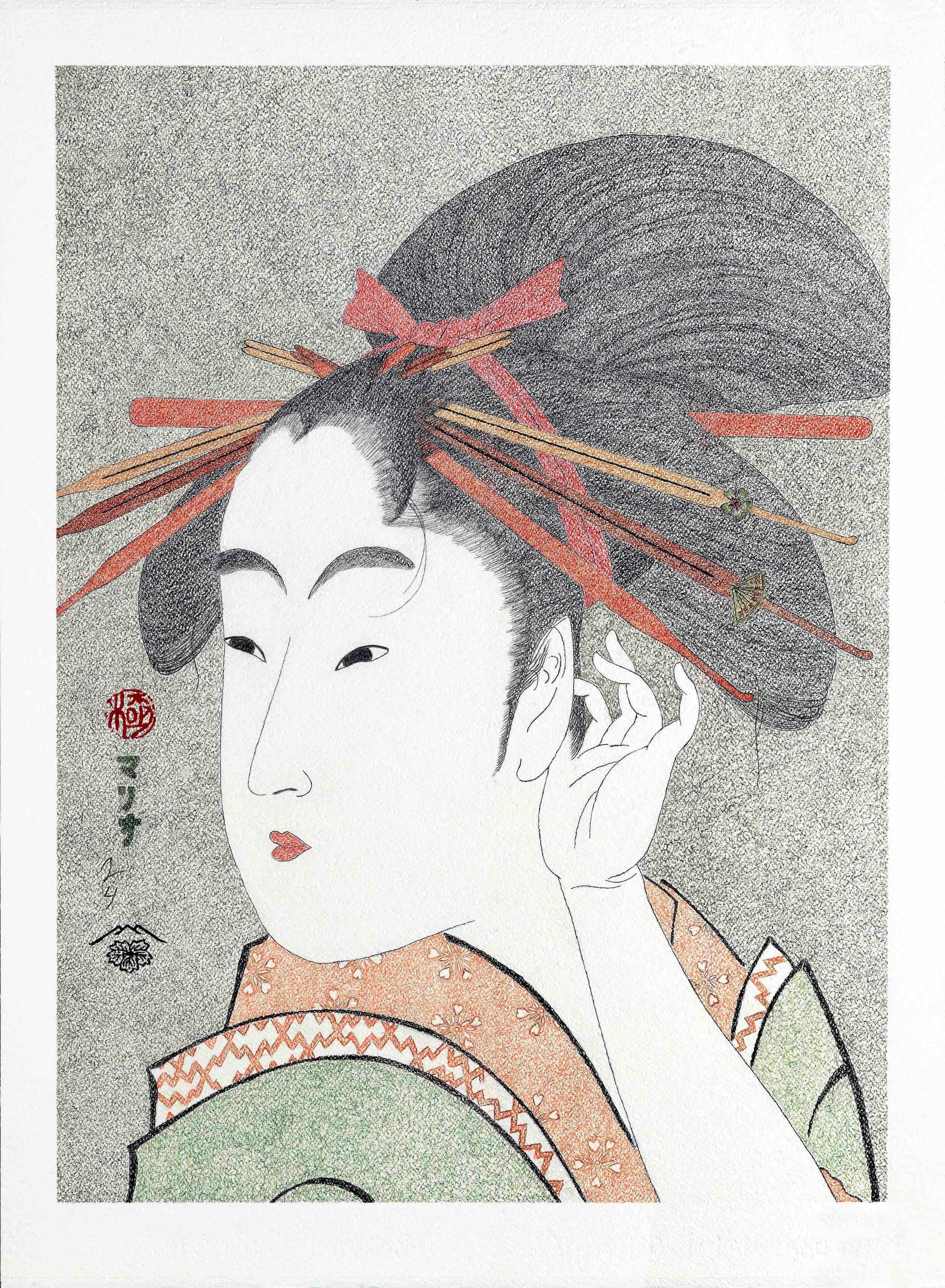 Portrait Mario B. Gil - Peinture figurative Ukiyo-e, Lune de neige et fleurs japonaises  Période Edo 