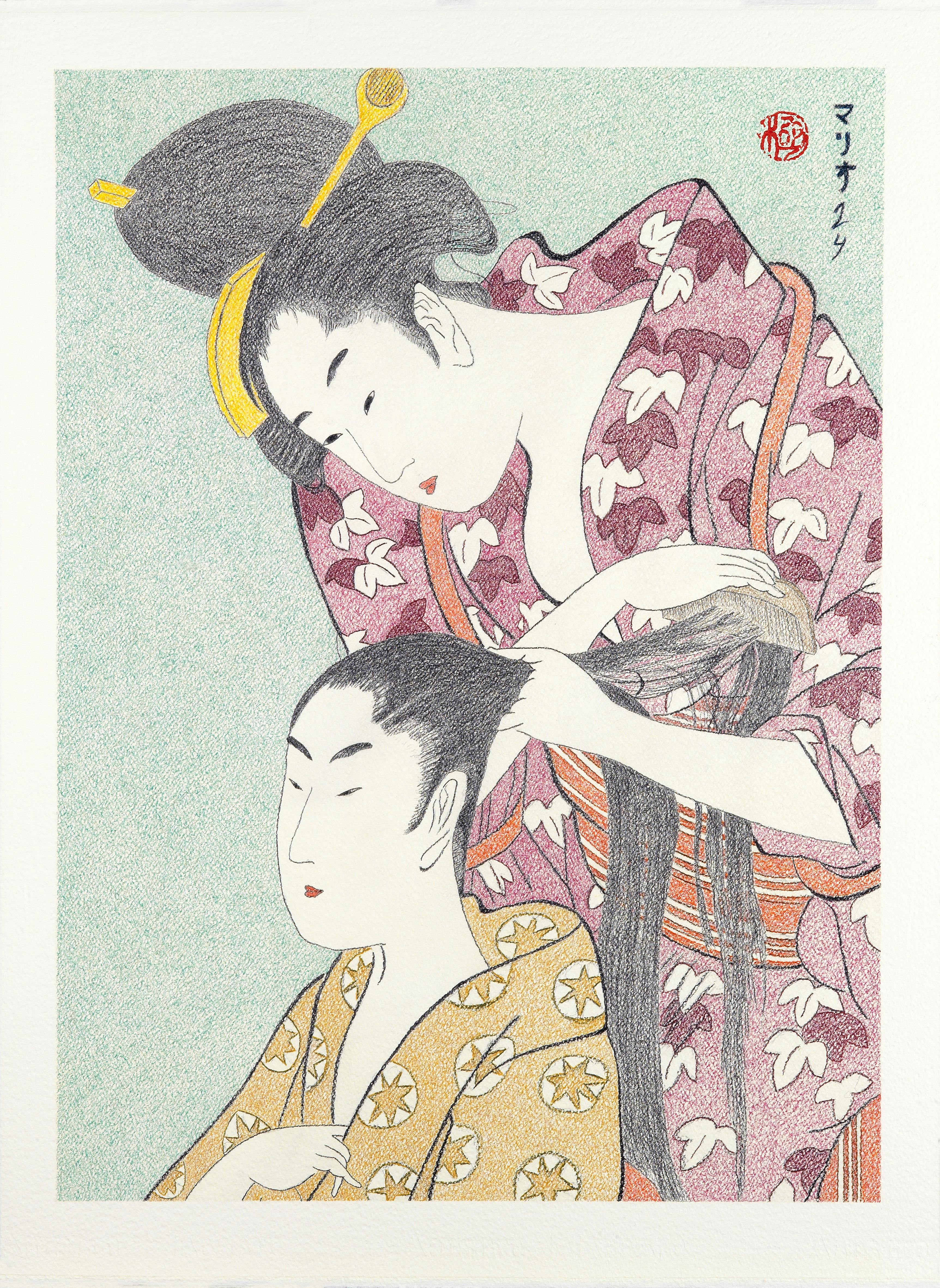 Japanese Art Ukiyo-e Figurative Painting, Hairdresser,  Edo period