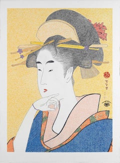 Vintage Japanese Art Ukiyo-e Figurative Painting, Bijin Ôkubi, Edo Period