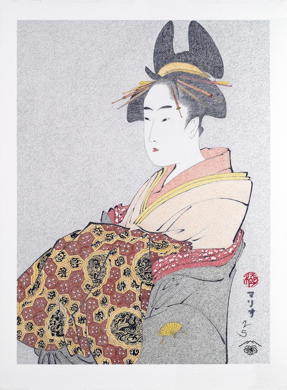 Japanese Art Ukiyo-e Figurative Painting, Miyahito of The Ôgiya, Edo Period
